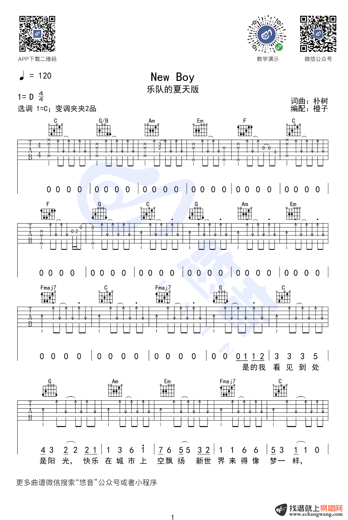 _New_Boy_吉他谱_盘尼西林_乐队的夏天版本