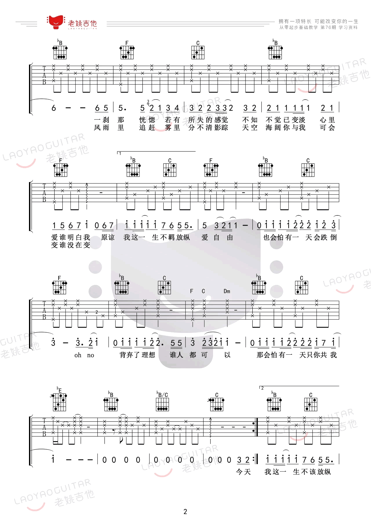 海阔天空吉他谱_Beyond_原版弹唱谱_吉他教学视频