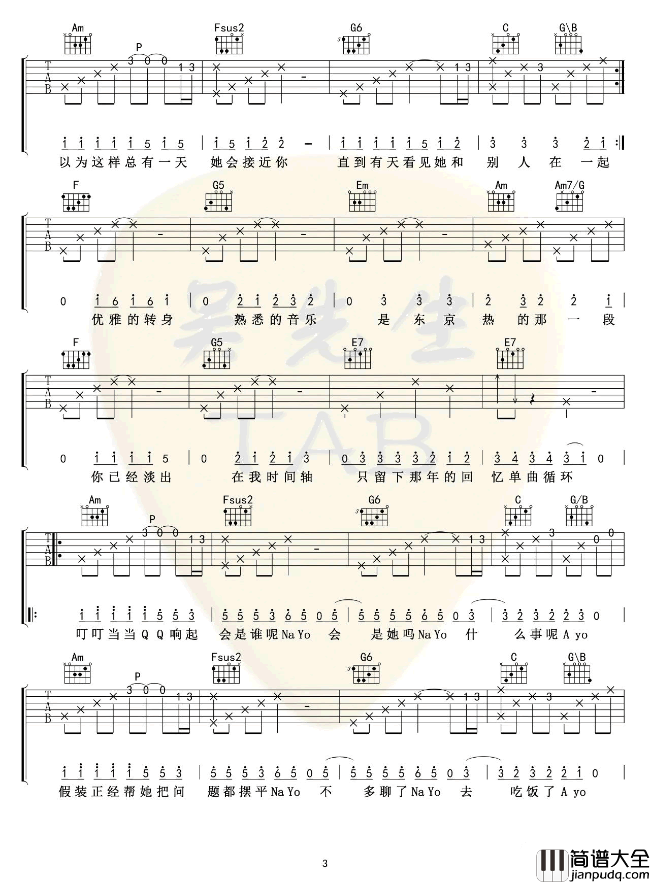 东京不太热吉他谱_洛天依_C调完整版_弹唱谱