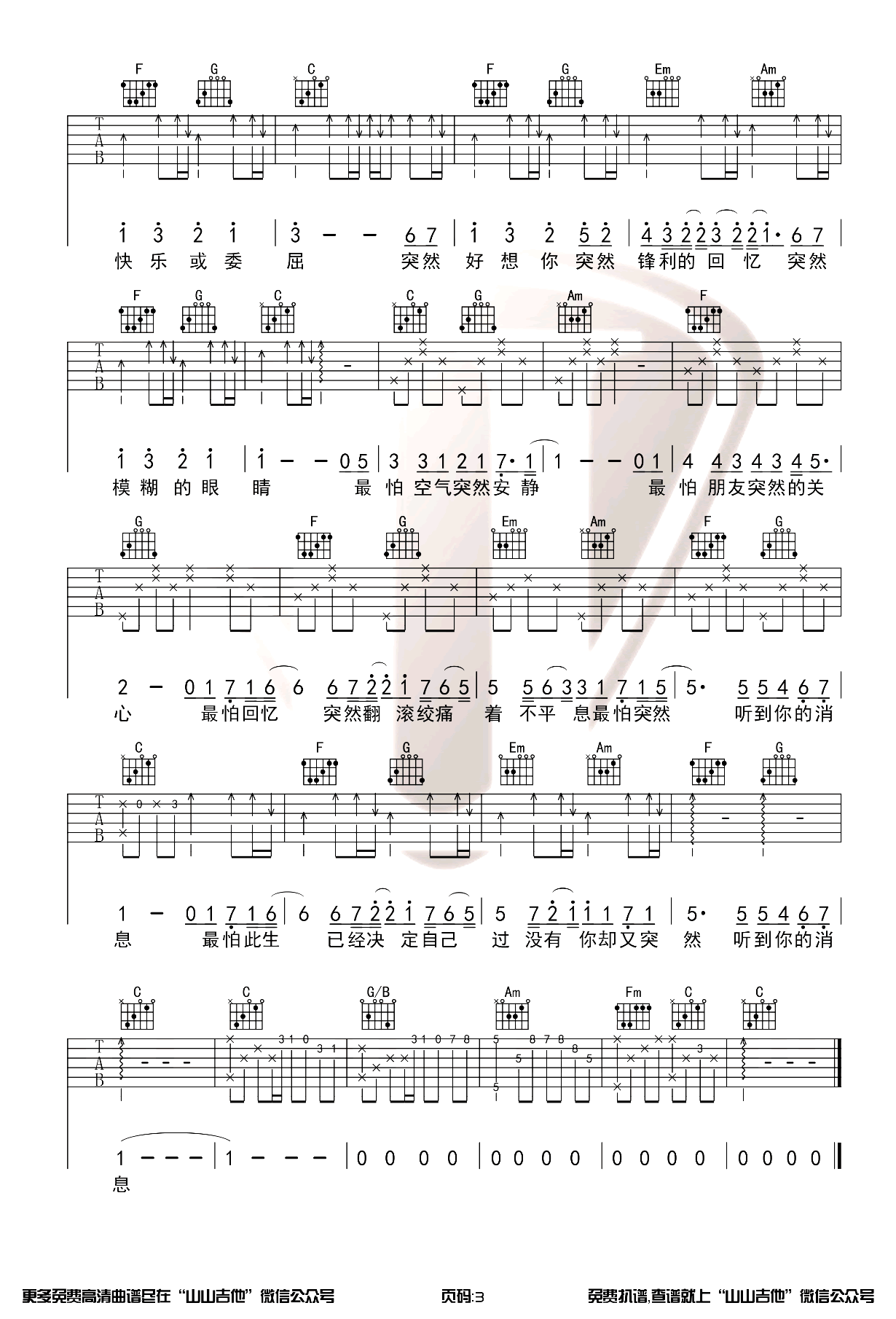 突然好想你吉他谱_五月天_C调原版_带前奏间奏