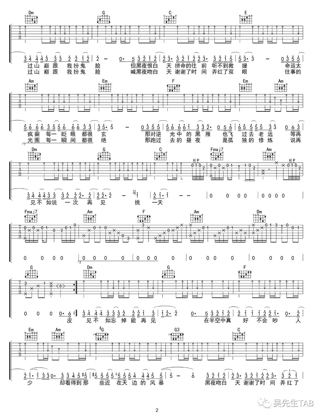 黑夜问白天吉他谱_林俊杰_C调六线谱_高清版