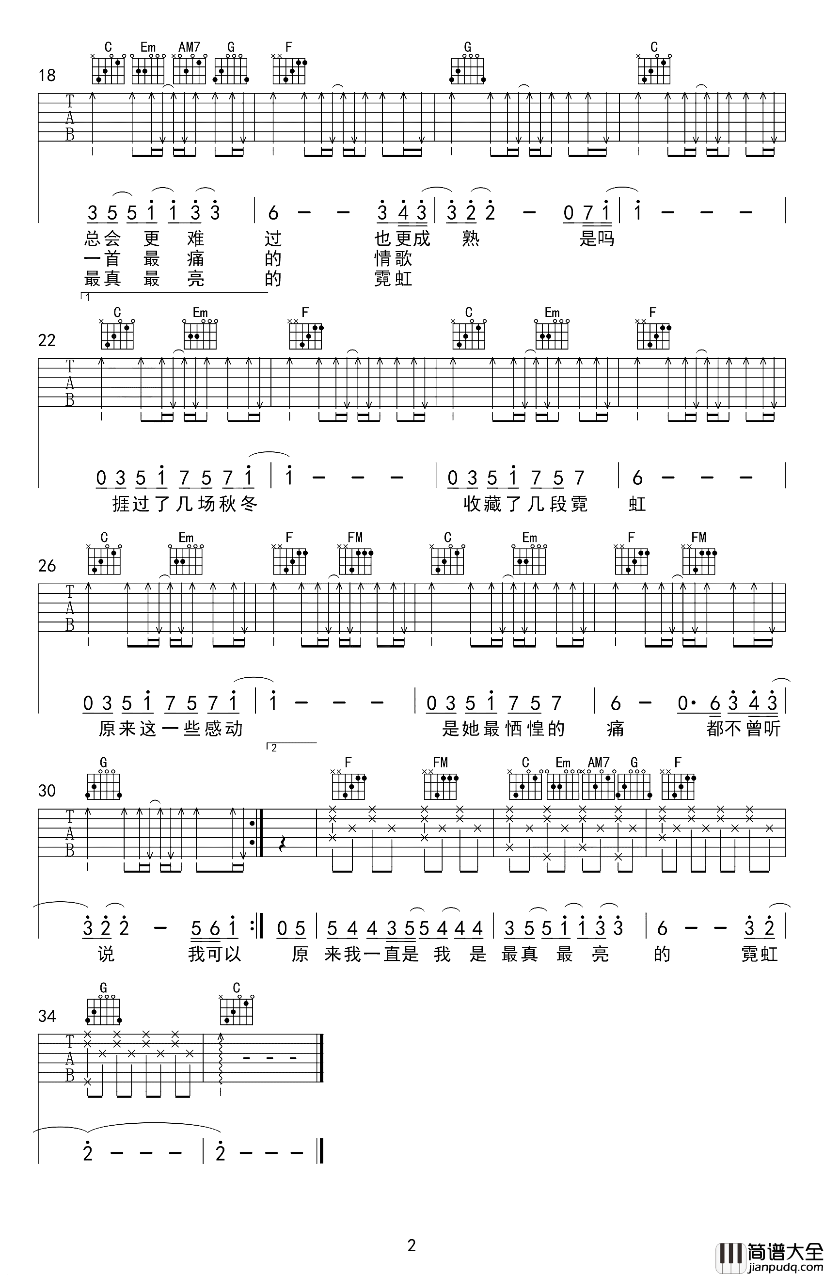 霓虹吉他谱_徐秉龙_C调六线谱_高清弹唱谱