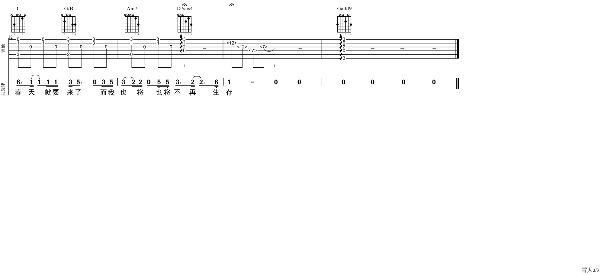 _雪人_吉他谱_范晓萱__雪人_原版谱