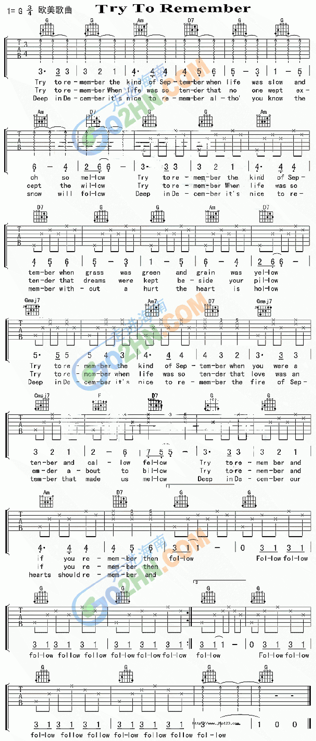 Try To Remember吉他谱_世界名曲_C调和弦弹唱谱_图谱1