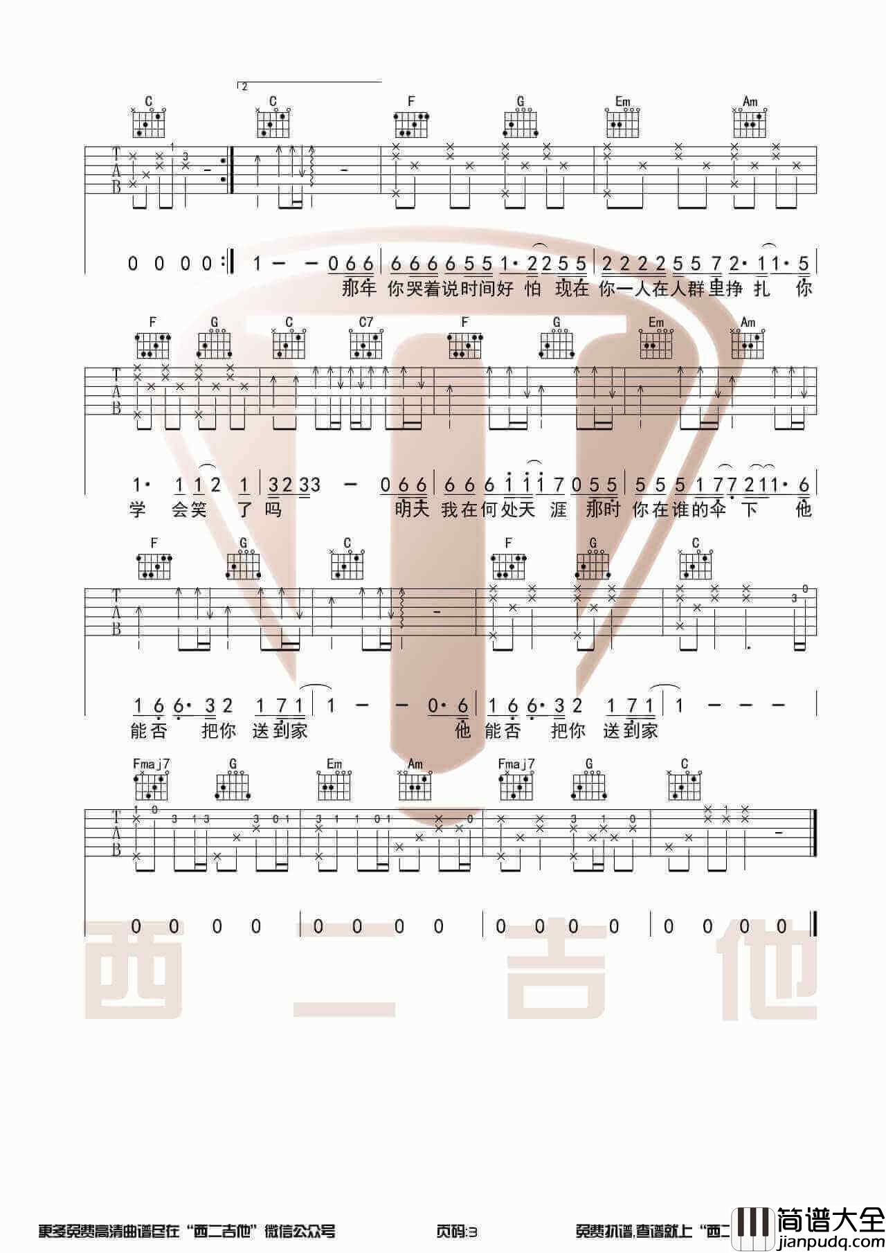 _这城市风总是很大_吉他谱_C调带前奏版原版六线谱_西二吉他