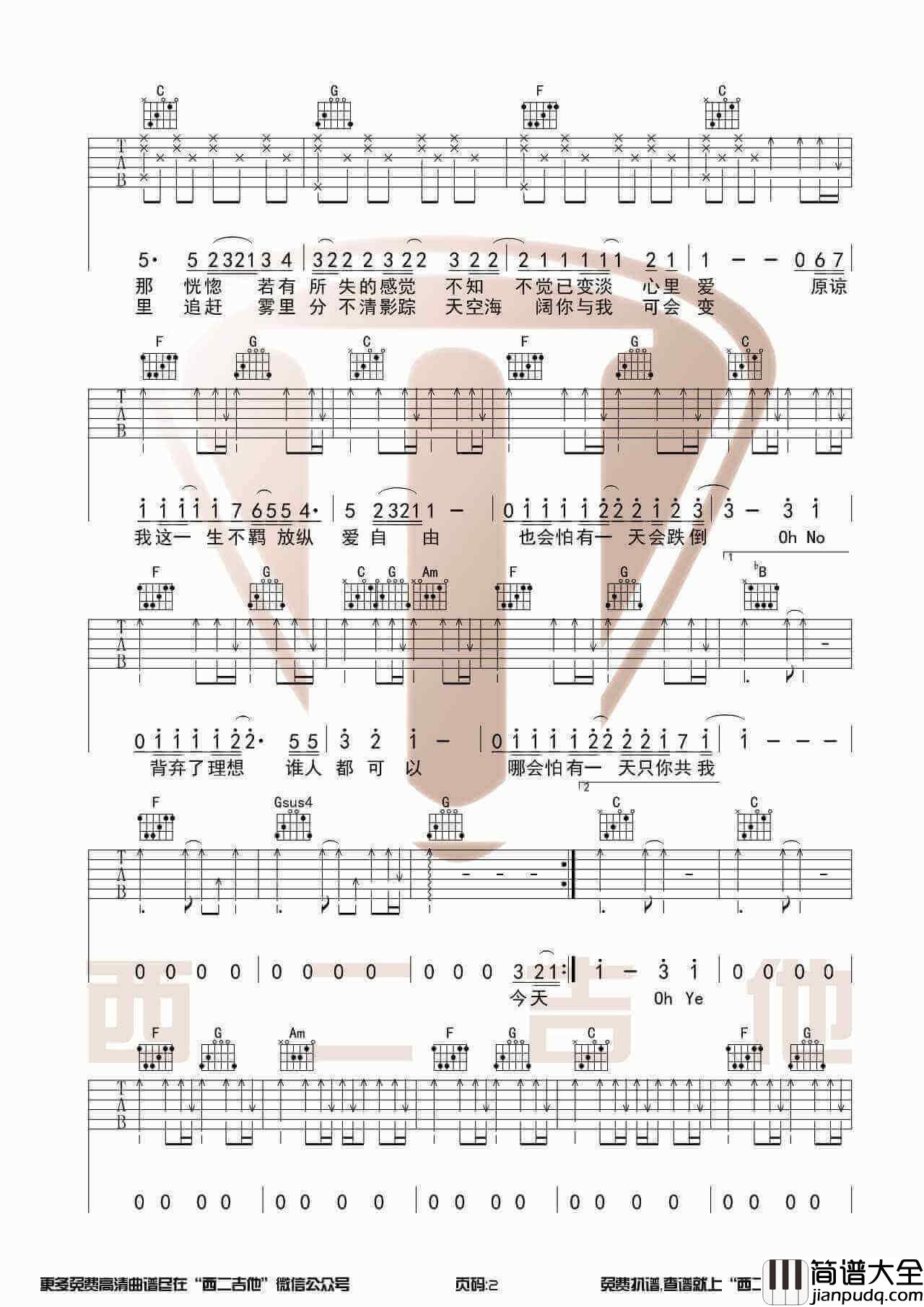 海阔天空吉他谱_C调吉他六线谱_弹唱视频演示_西二吉他