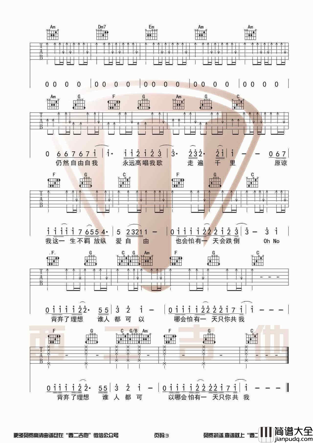 海阔天空吉他谱_C调吉他六线谱_弹唱视频演示_西二吉他