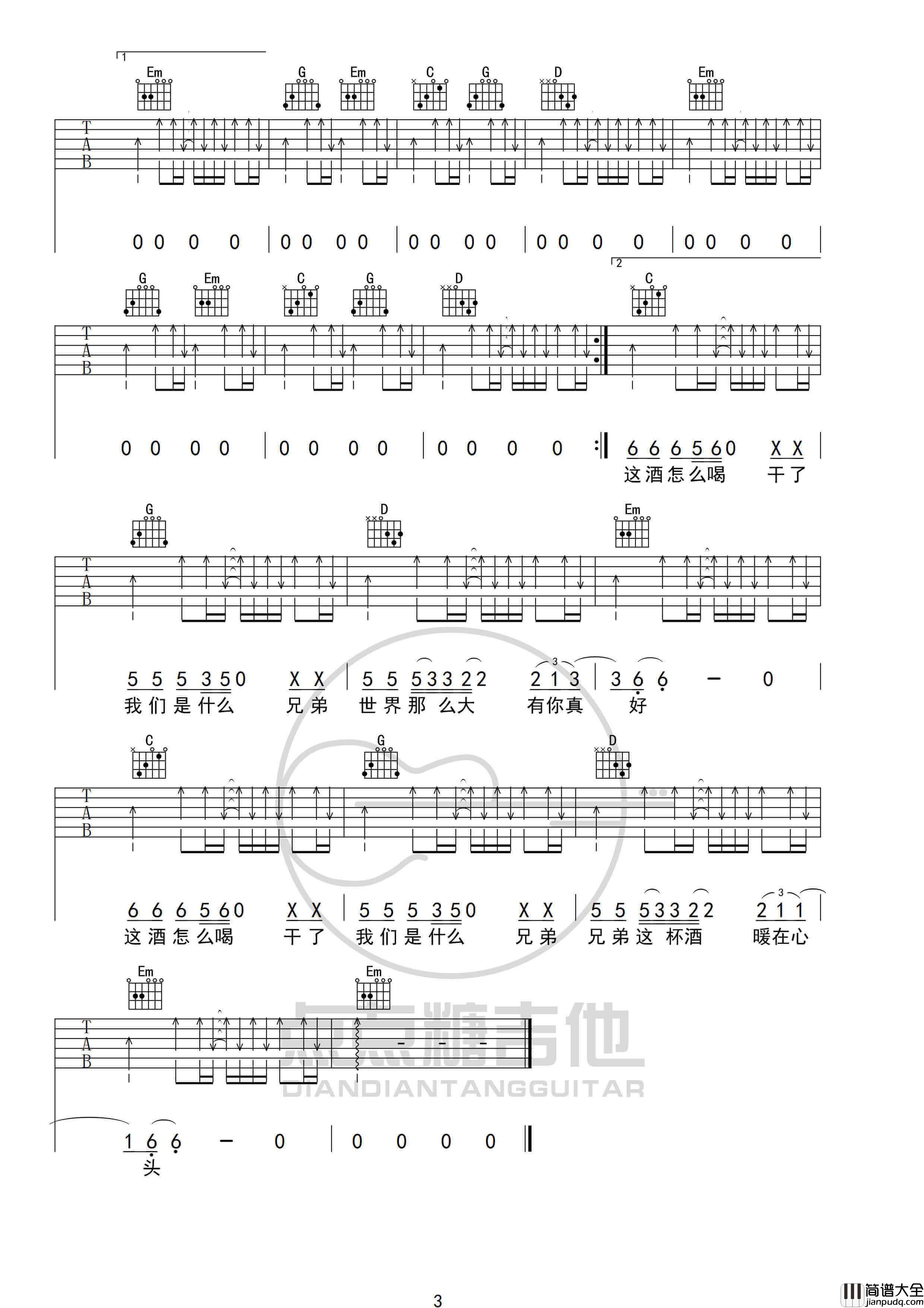 王旭_这酒怎么喝_吉他谱_G调弹唱六线谱_高清伴奏谱