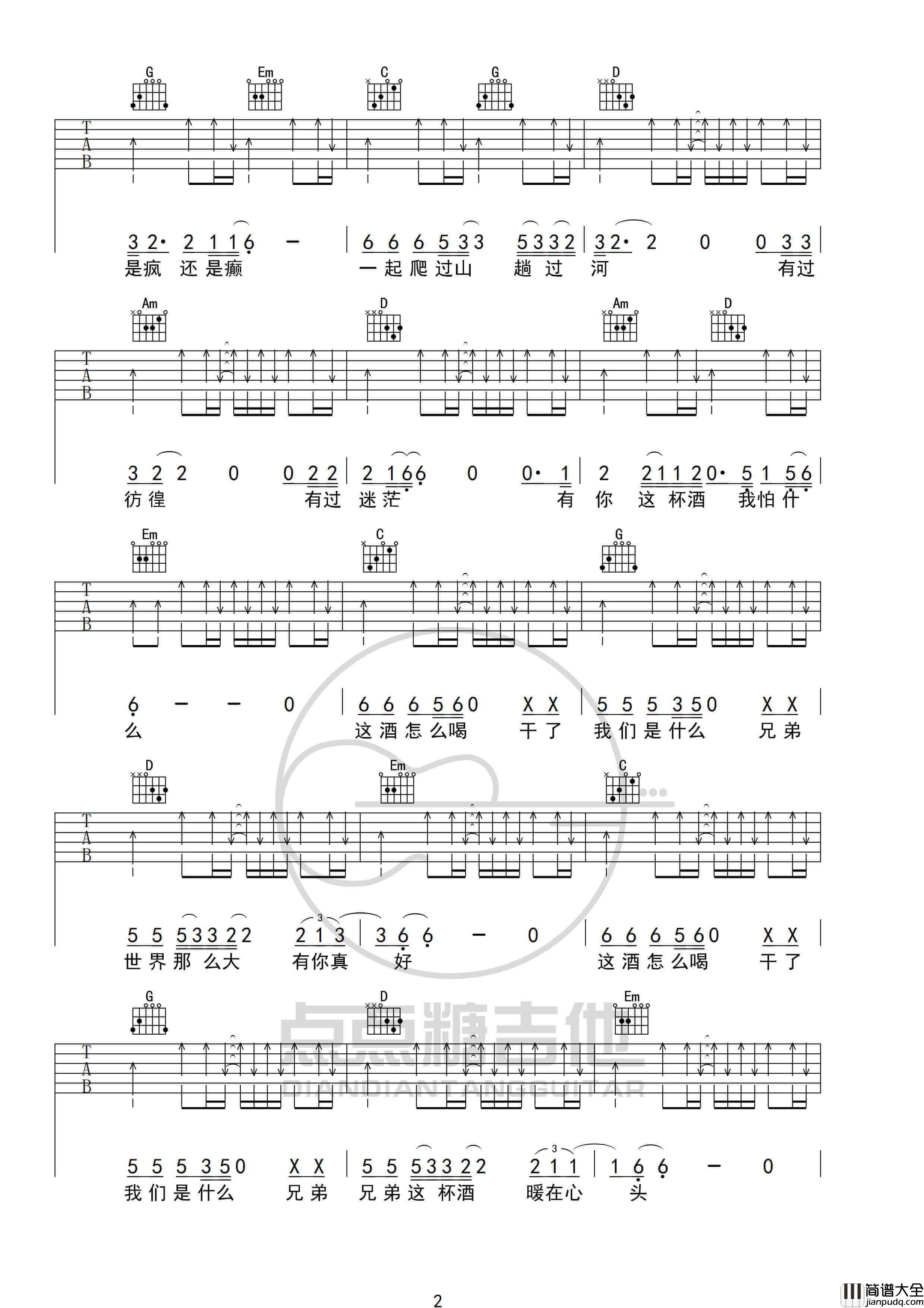 王旭_这酒怎么喝_吉他谱_G调弹唱六线谱_高清伴奏谱