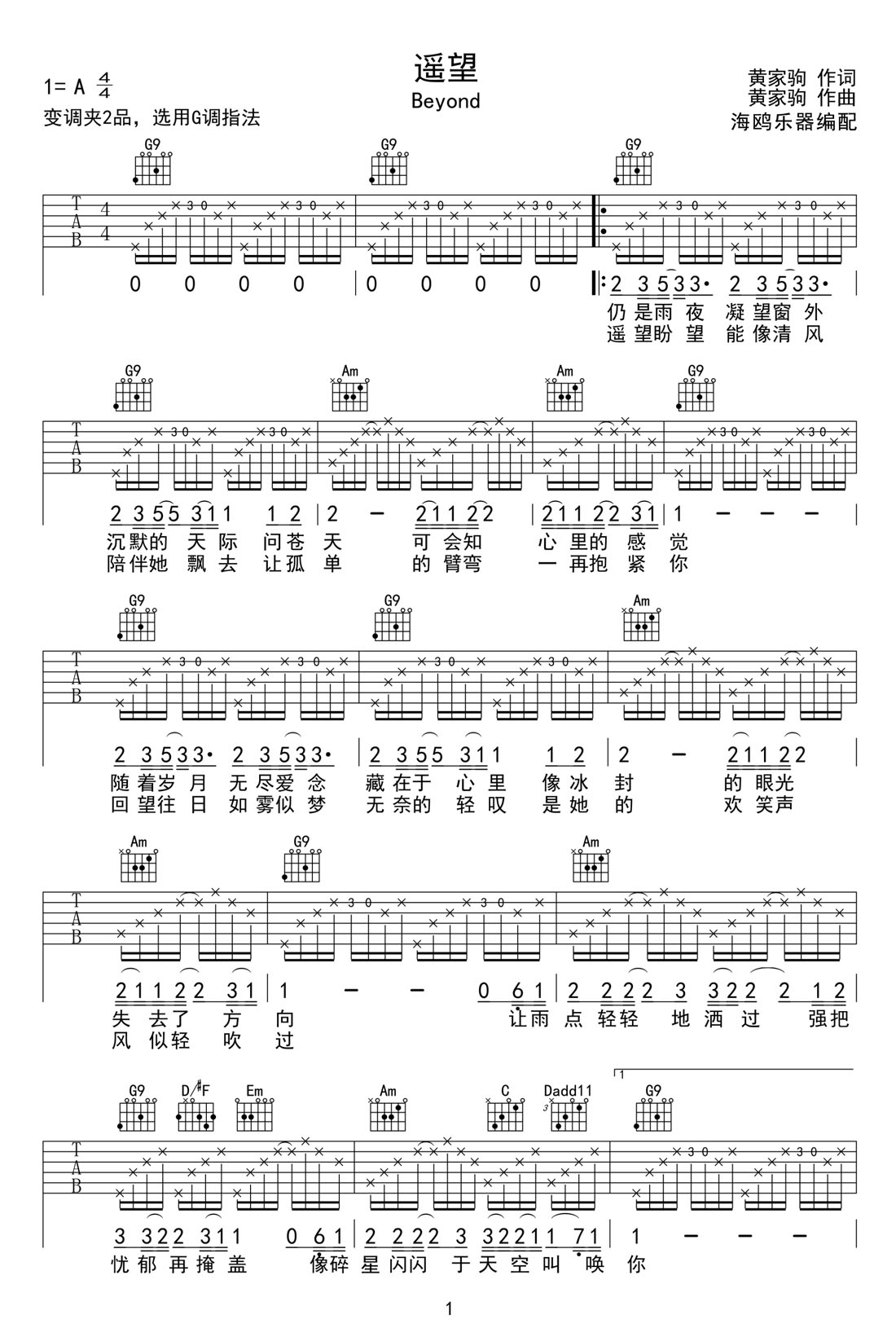 遥望吉他谱_beyond_G调和弦弹唱谱_高清完美版_图谱1