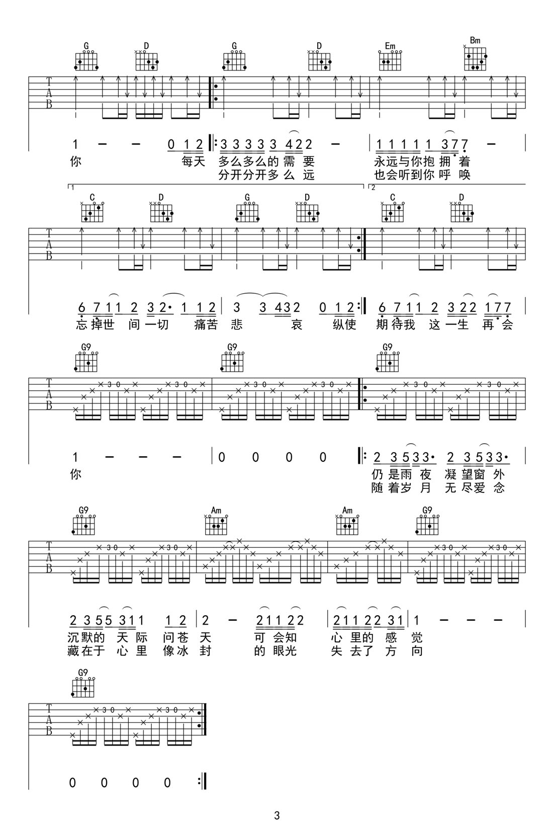 遥望吉他谱_beyond_G调和弦弹唱谱_高清完美版_图谱3