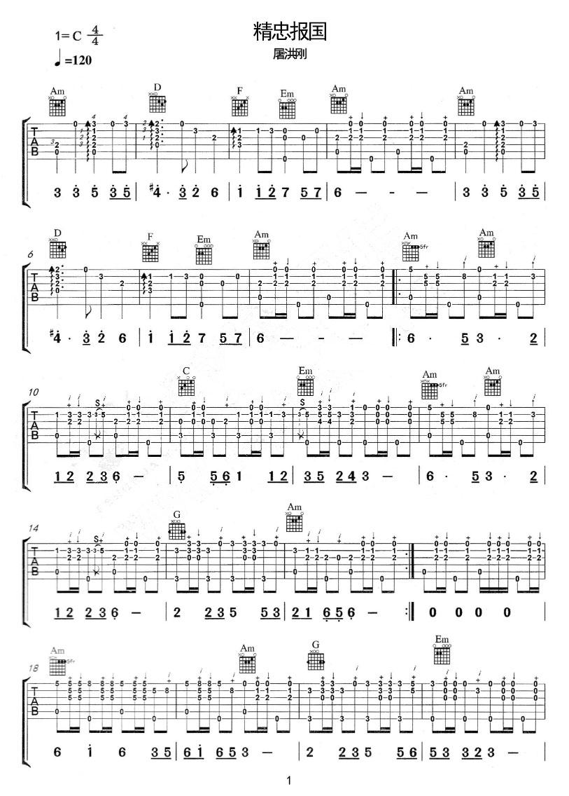 精忠报国吉他谱_屠洪刚_C调指弹/独奏谱_精编高还原_图谱1