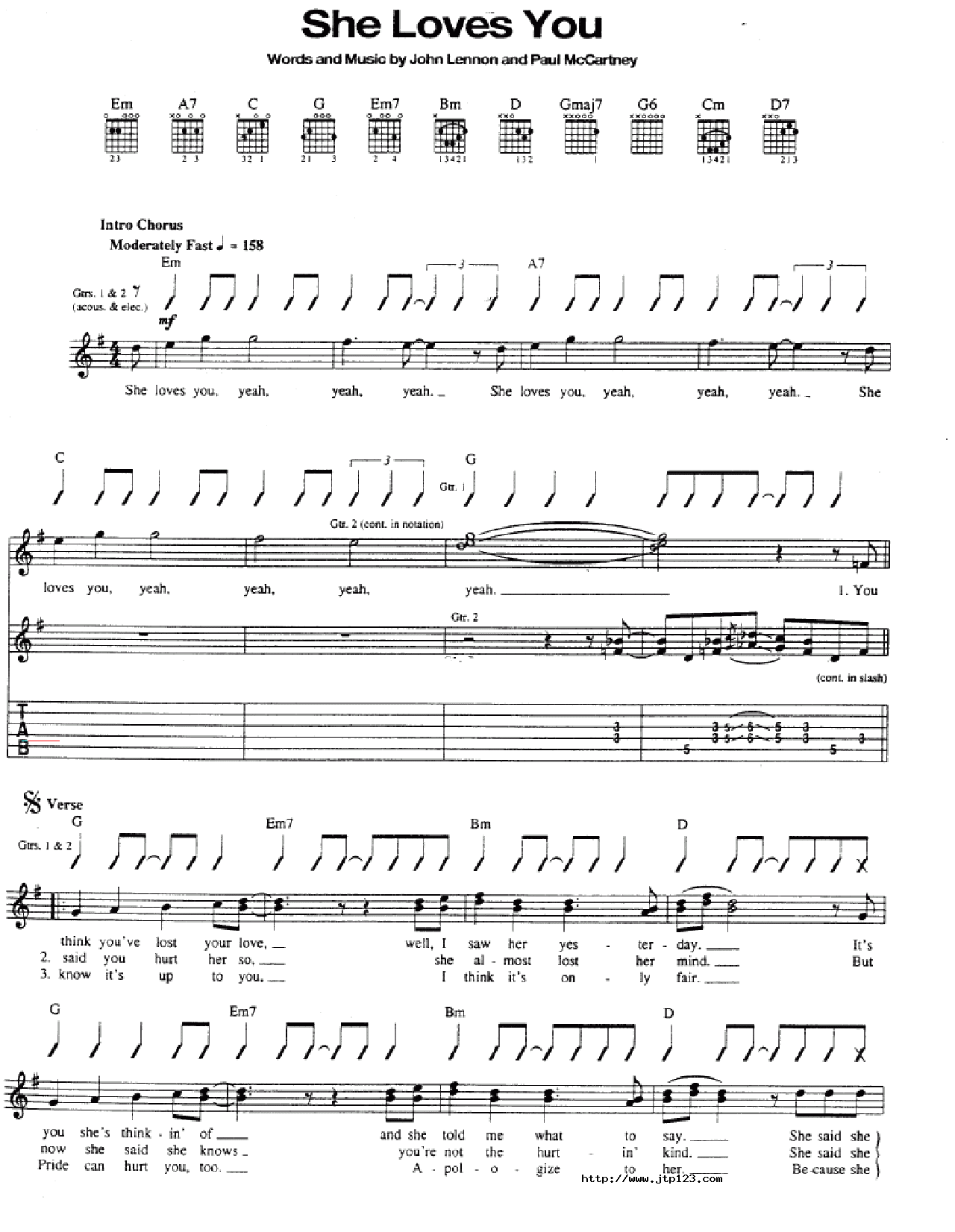 sheLovesyou吉他谱_Beatles_C调和弦弹唱谱_图谱1