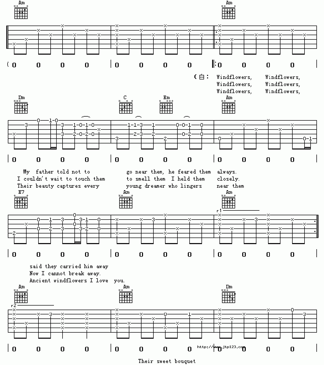 WindFlower吉他谱_齐秦_C调和弦弹唱谱_图谱1