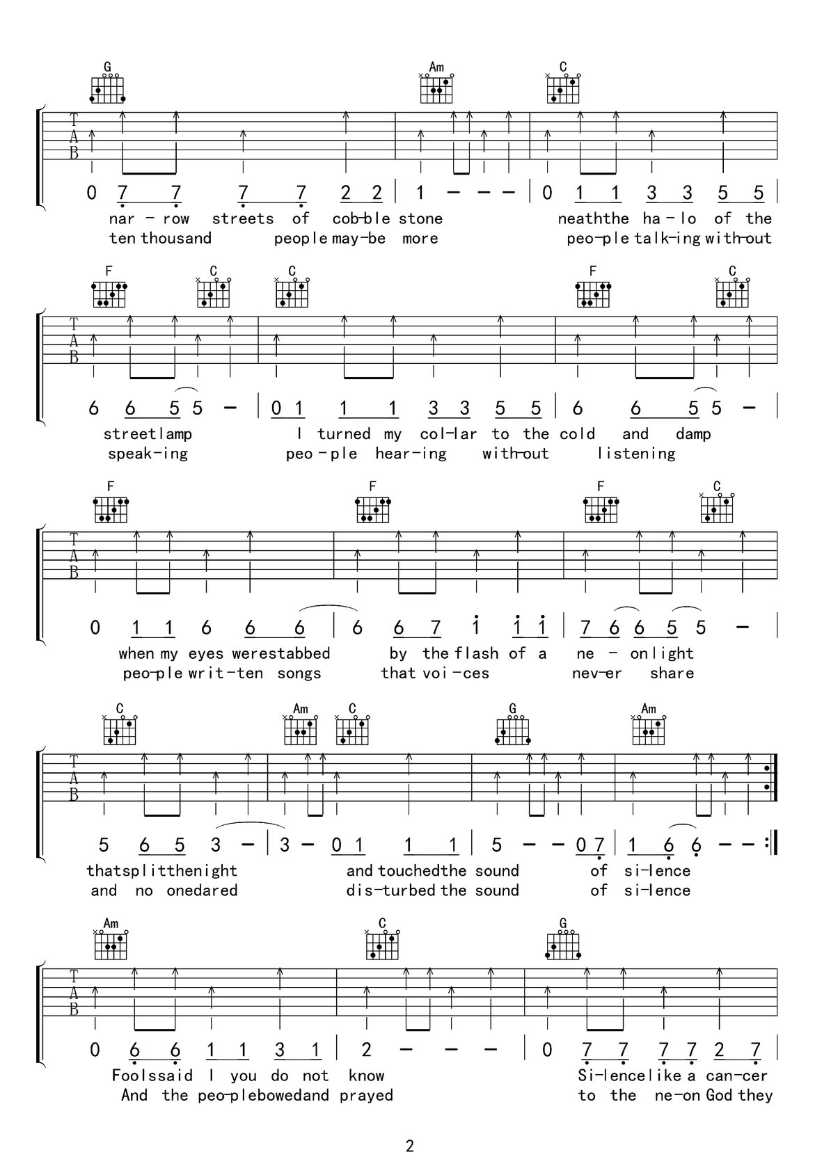 the sound of silence寂静之声吉他谱_保罗西蒙_C调和弦弹唱谱_高清重制版_图谱2