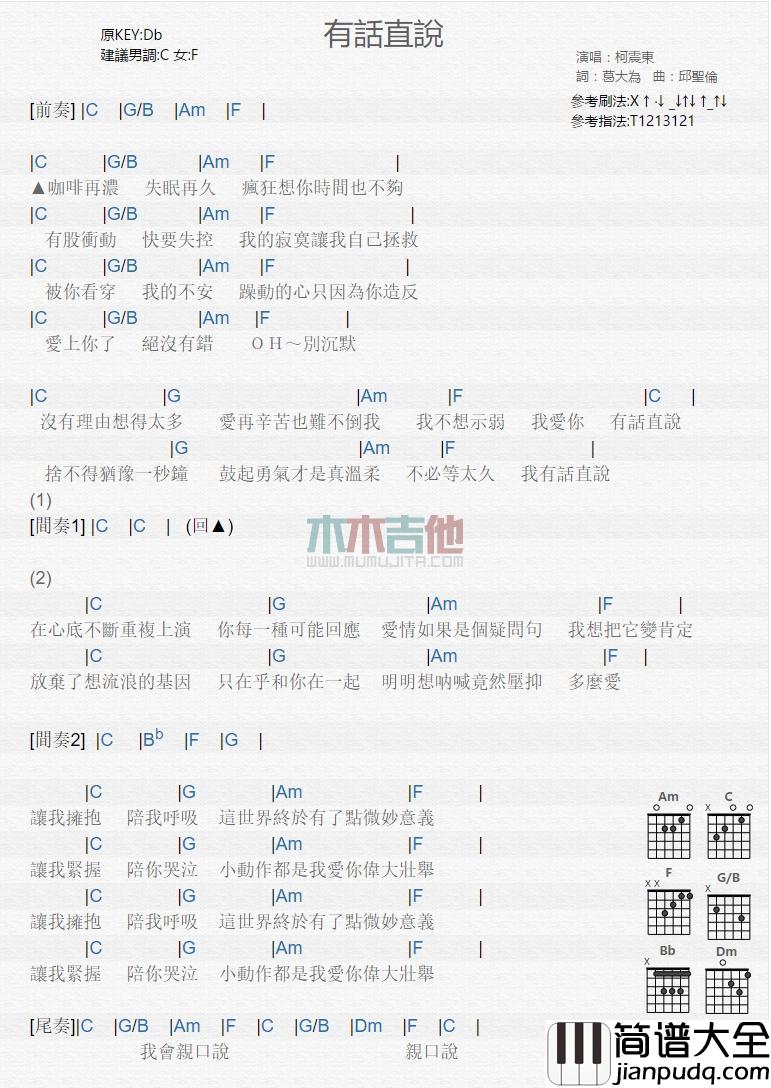 有话直说_吉他谱_柯震东
