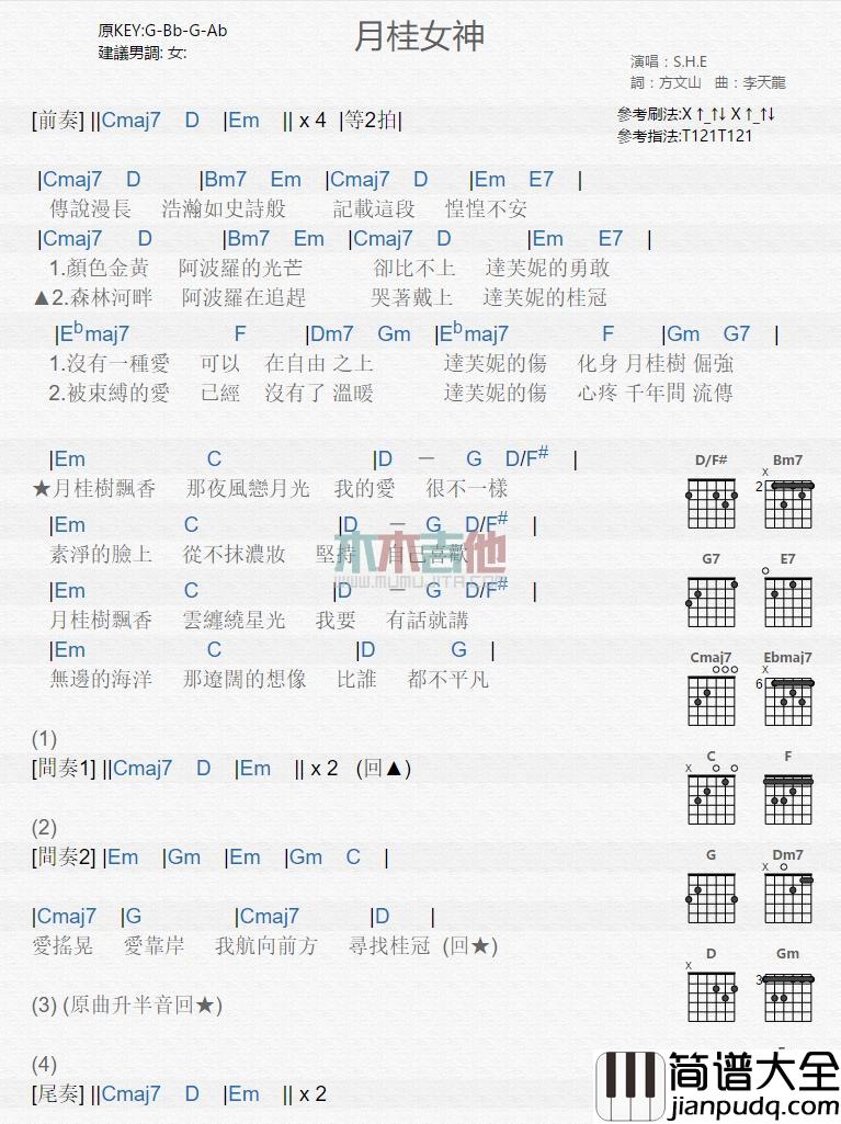 月桂女神_吉他谱_S.H.E_吉他伴奏弹唱谱