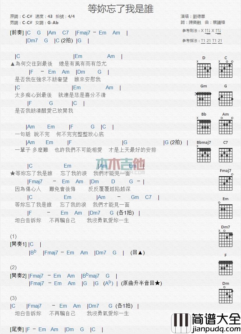 等你忘了我是谁_吉他谱_刘德华