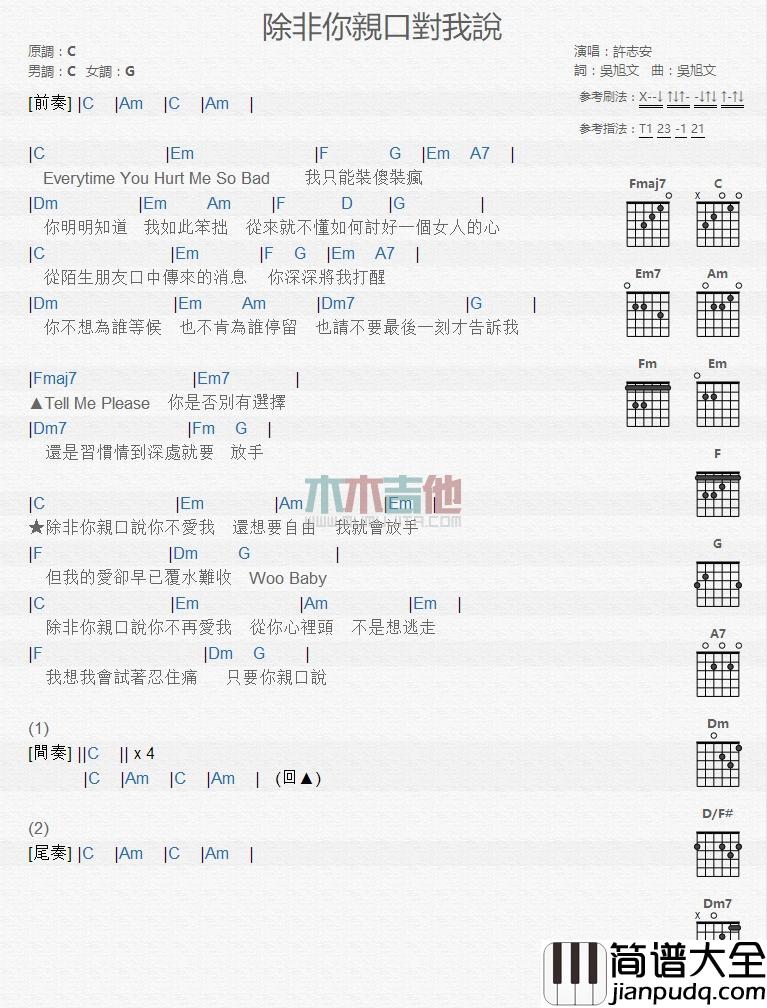 除非你亲口对我说_吉他谱_许志安