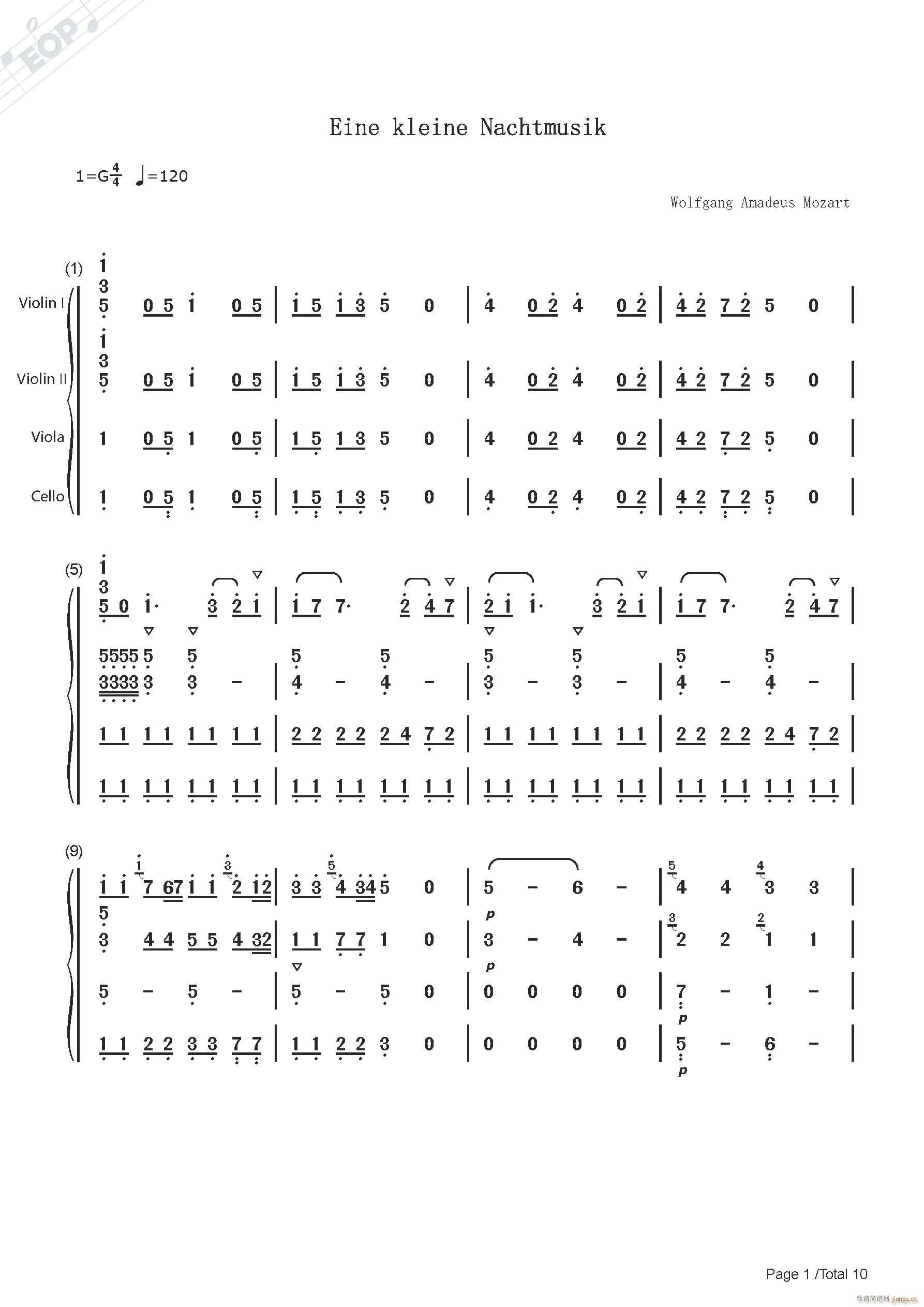 莫扎特 G大调弦乐小夜曲第一乐章 弦乐四重奏(总谱)1