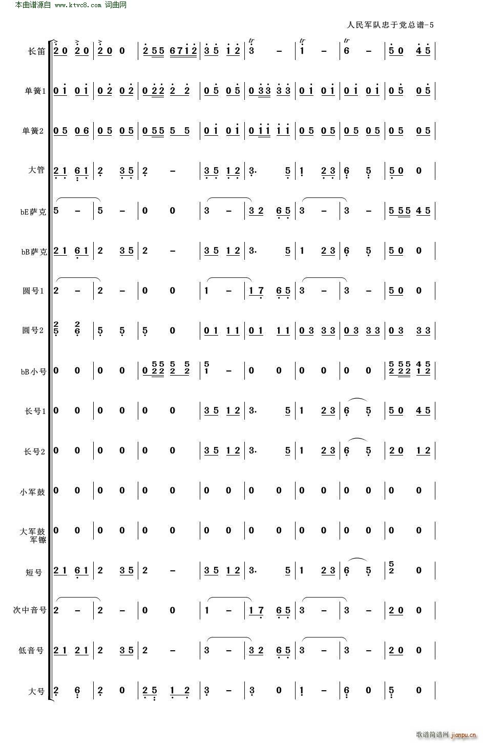 人民军队忠于党 人民军队忠于党 管乐合奏 适合业余小型管乐队(总谱)5