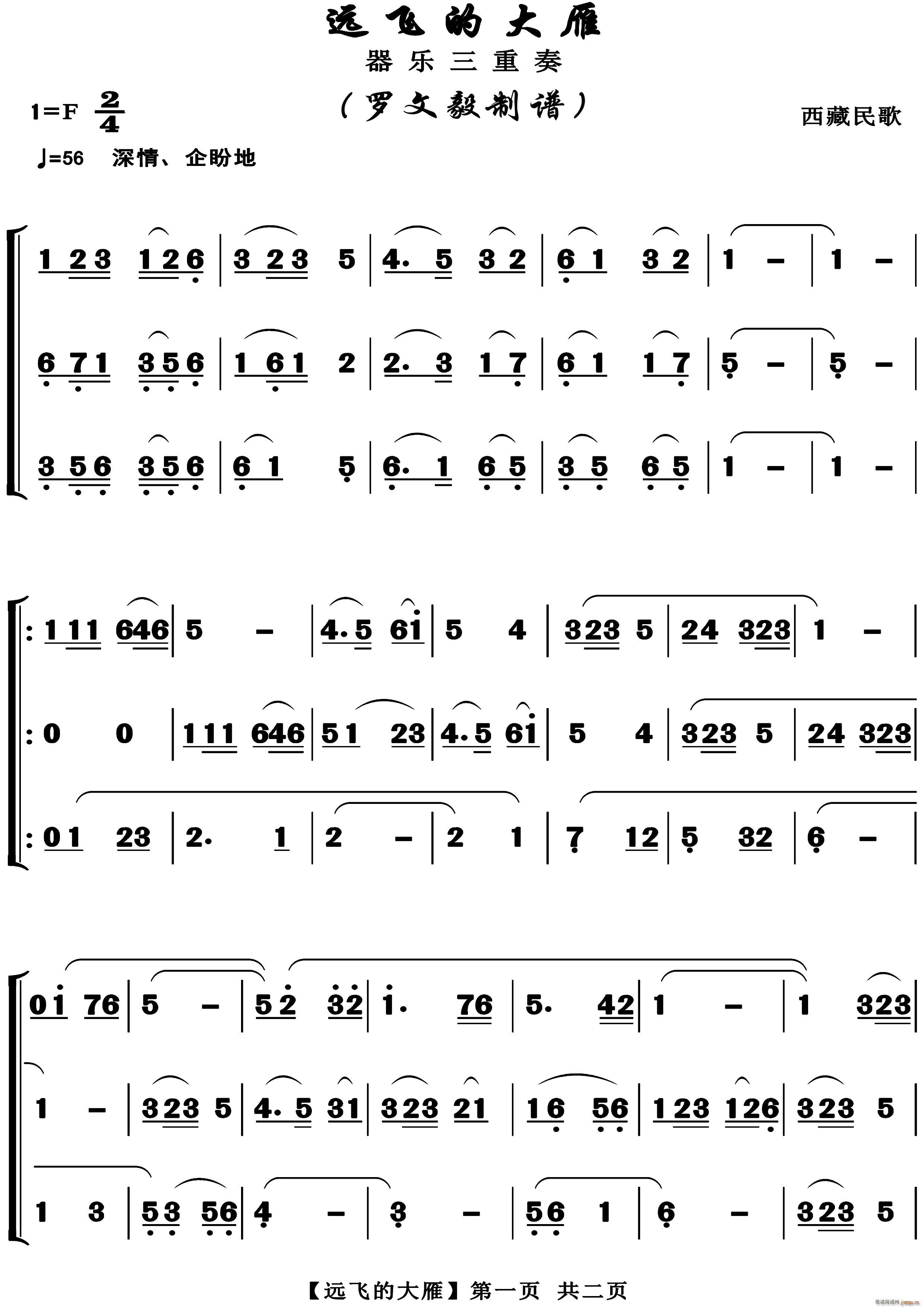 远飞的大雁 器乐合奏 西藏民歌(总谱)1