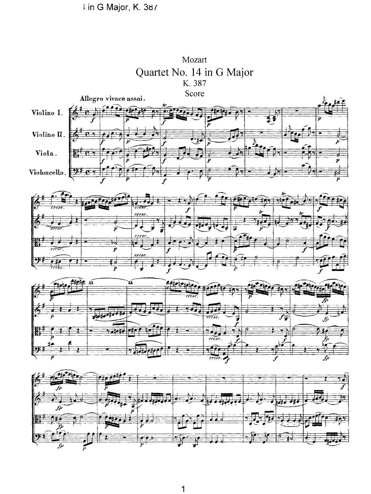 Mozart Quartet No 14 in G Major K 387(总谱)1