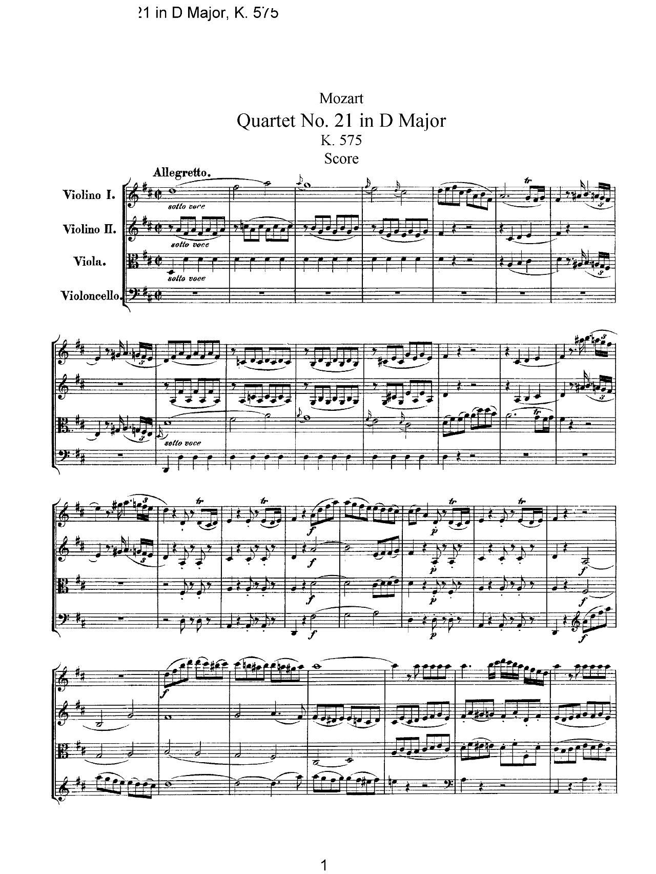 Mozart Quartet No 21 in D Major K 575(总谱)1