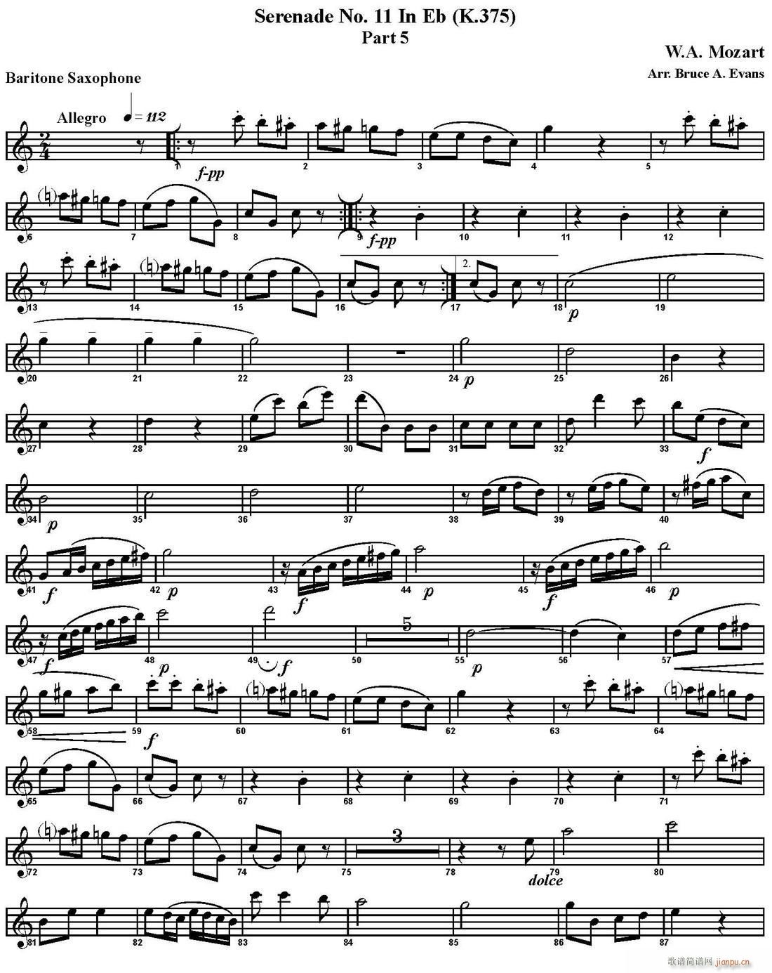 SERENADE No 11 in Eb K 375 Part 5 四重奏 上低音萨克斯(总谱)1