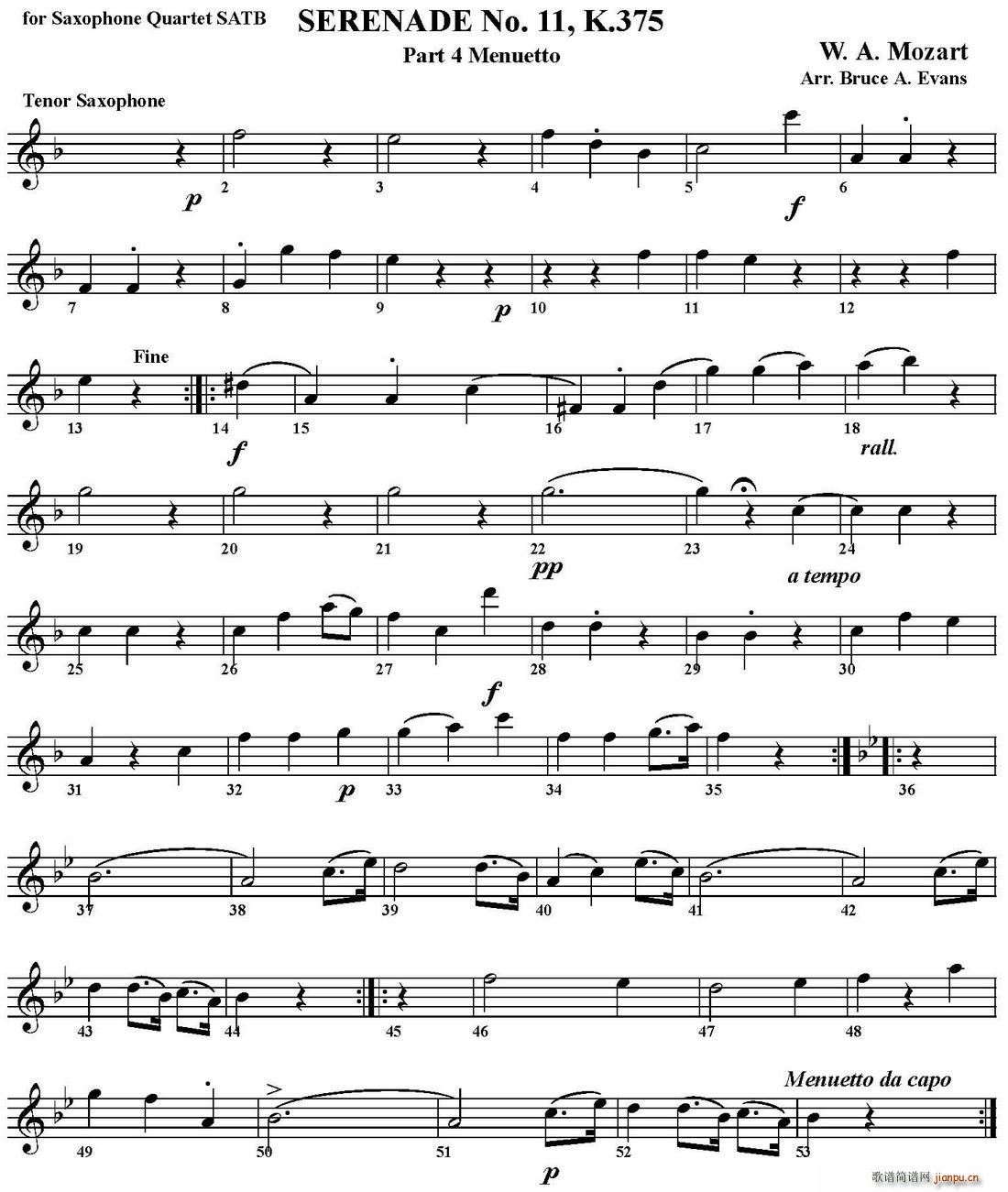 SERENADE No 11 K 375 Part 4 Menuetto 四重奏 次中音萨克斯(总谱)1