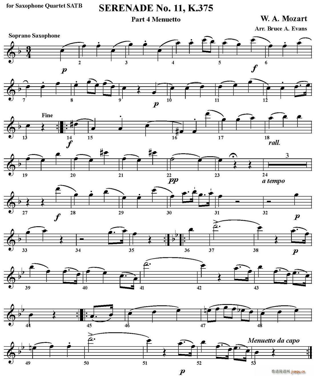 SERENADE No 11 K 375 Part 4 Menuetto 四重奏 高音萨克斯(总谱)1