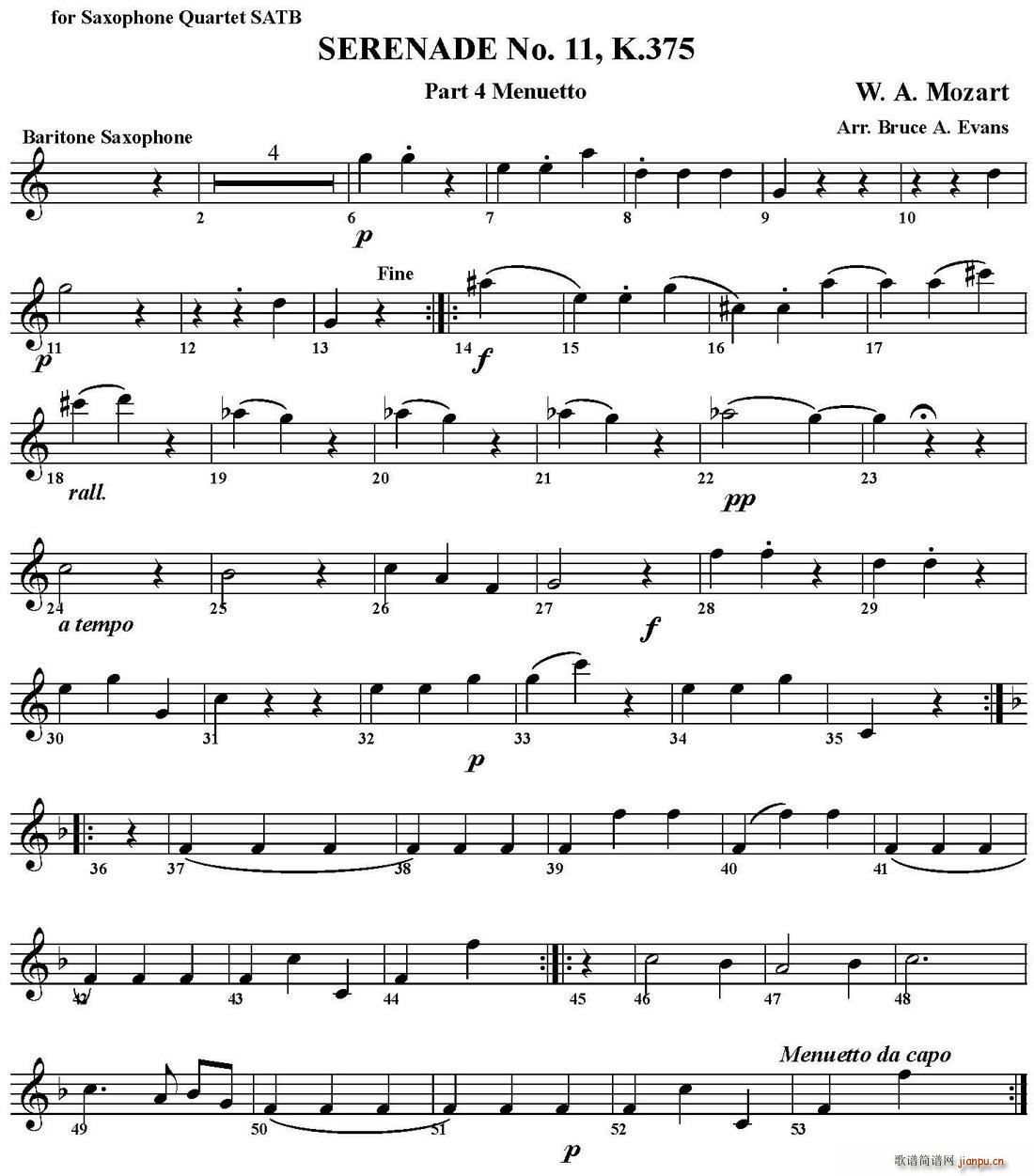 SERENADE No 11 K 375 Part 4 Menuetto 四重奏 上低音萨克斯(总谱)1