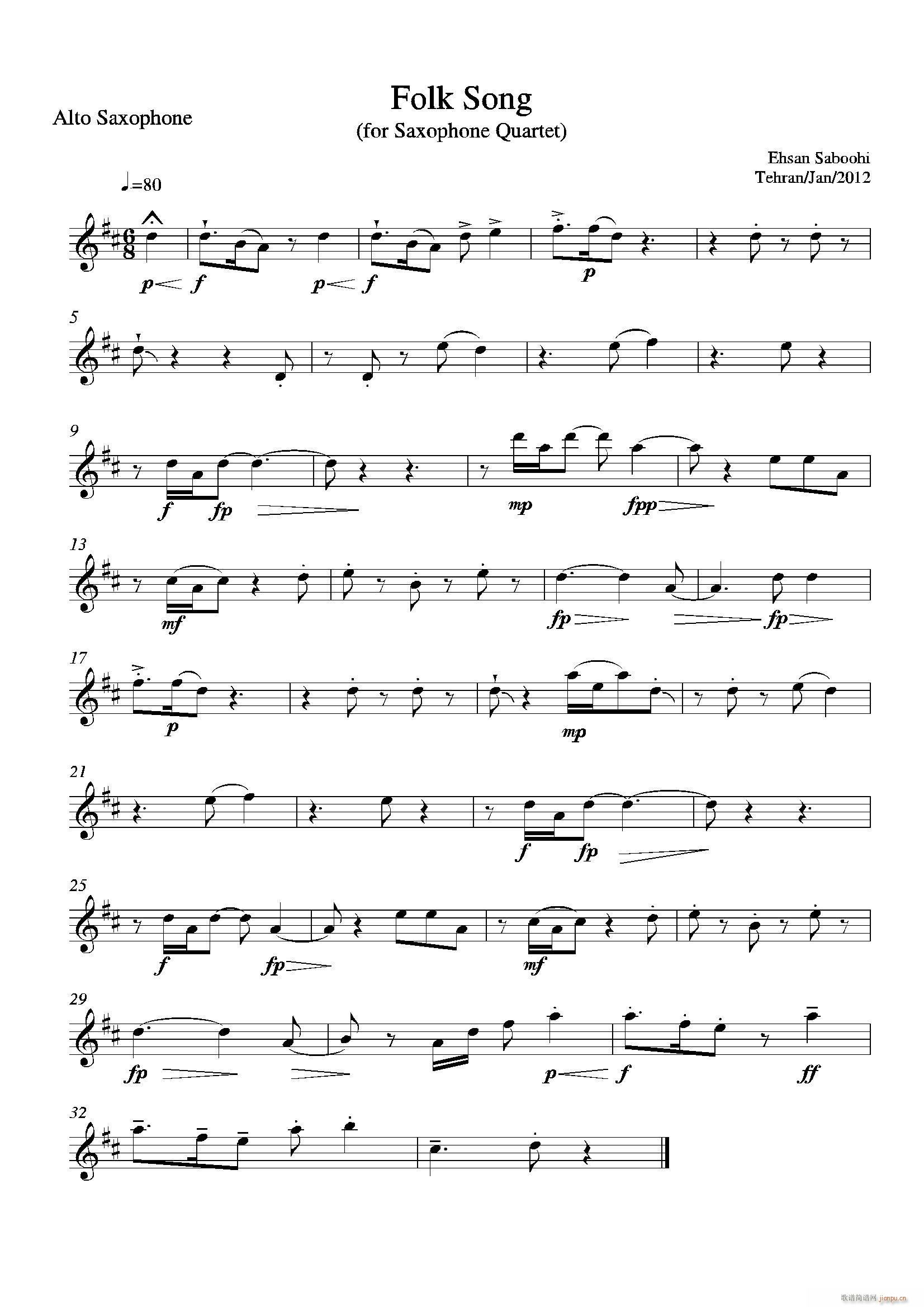Folk Song 四重奏中音萨克斯(总谱)1