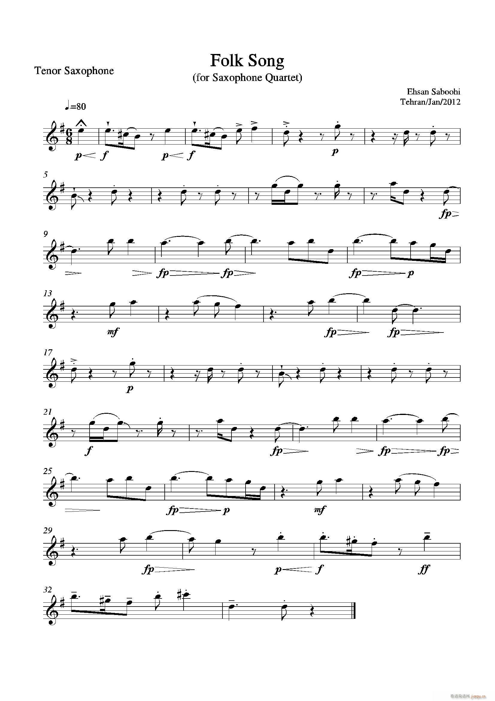 Folk Song 四重奏次中音萨克斯(总谱)1