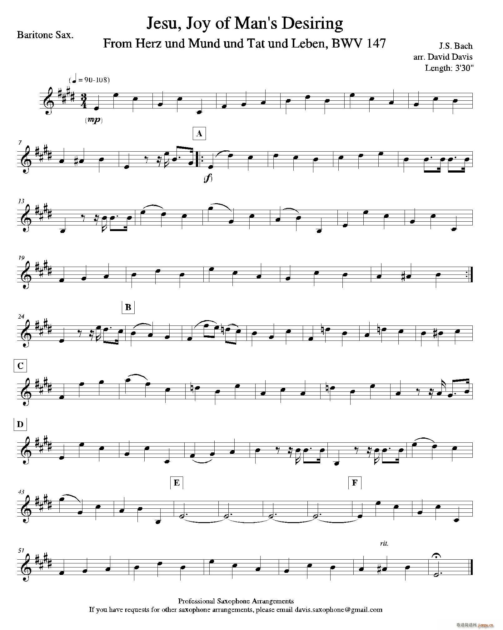 Jesu Joy of Man s Desiring 四重奏上低音萨克斯(总谱)1