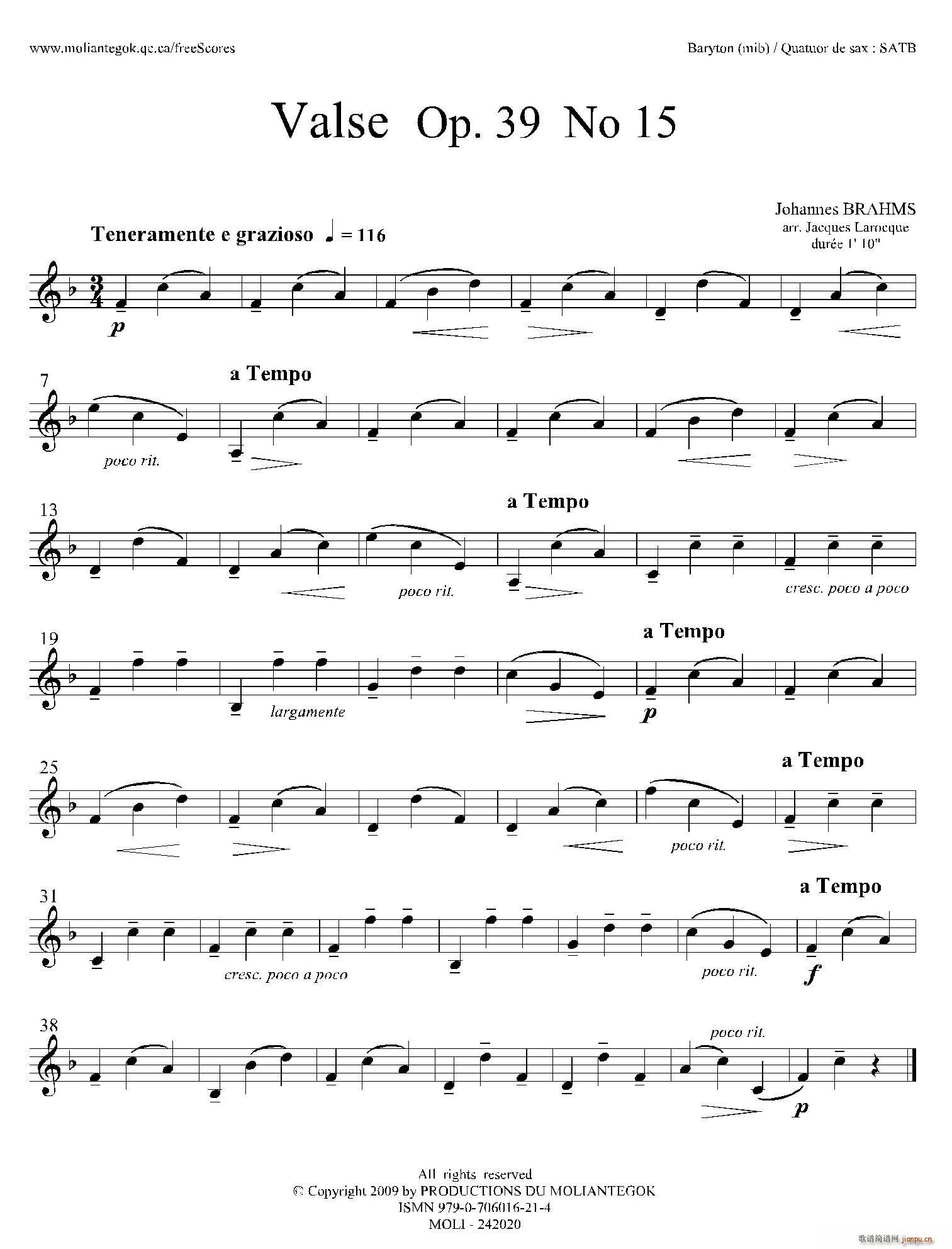 圆舞曲 Op39 No15 四重奏上低音萨克斯(总谱)1