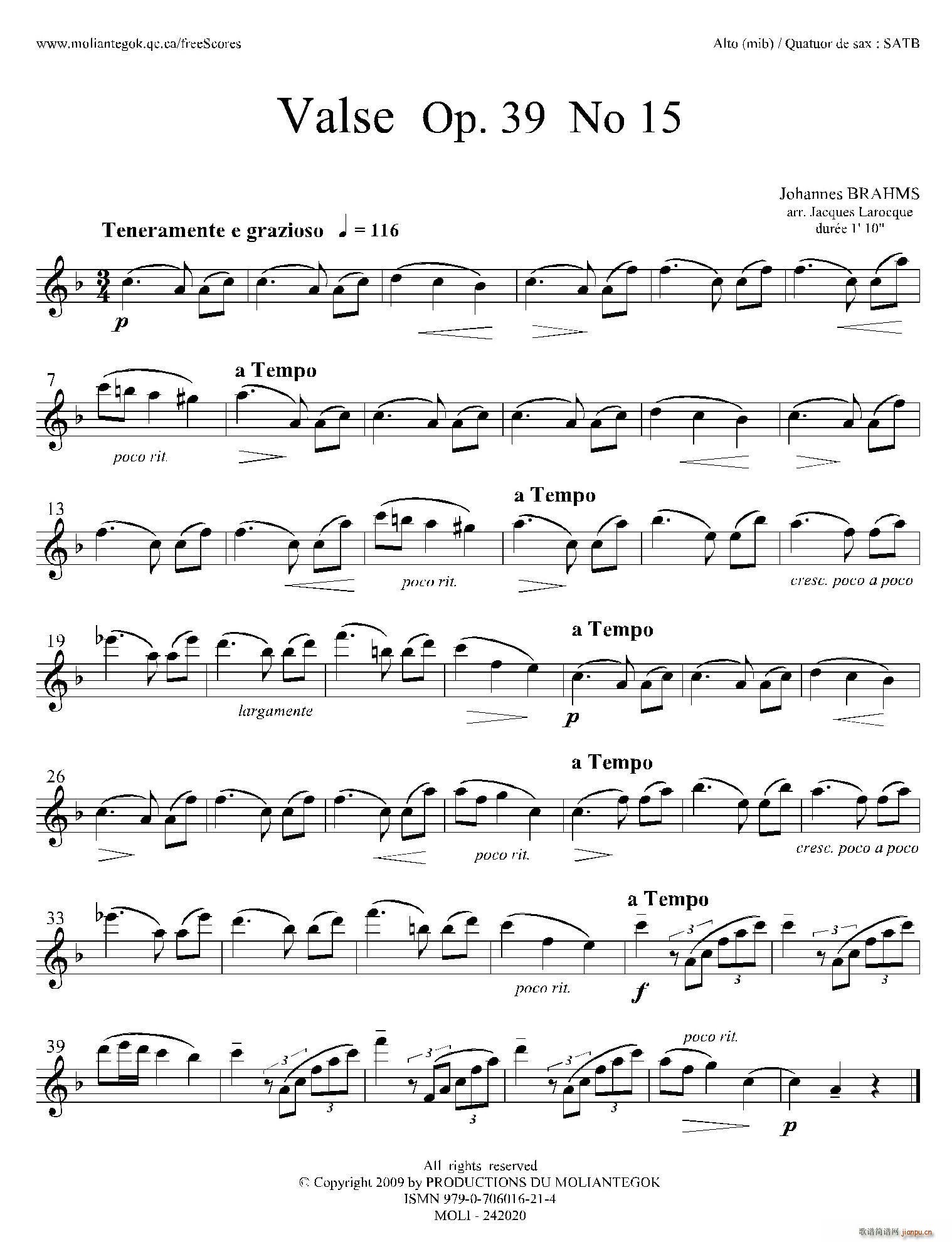 圆舞曲 Op39 No15 四重奏中音萨克斯(总谱)1