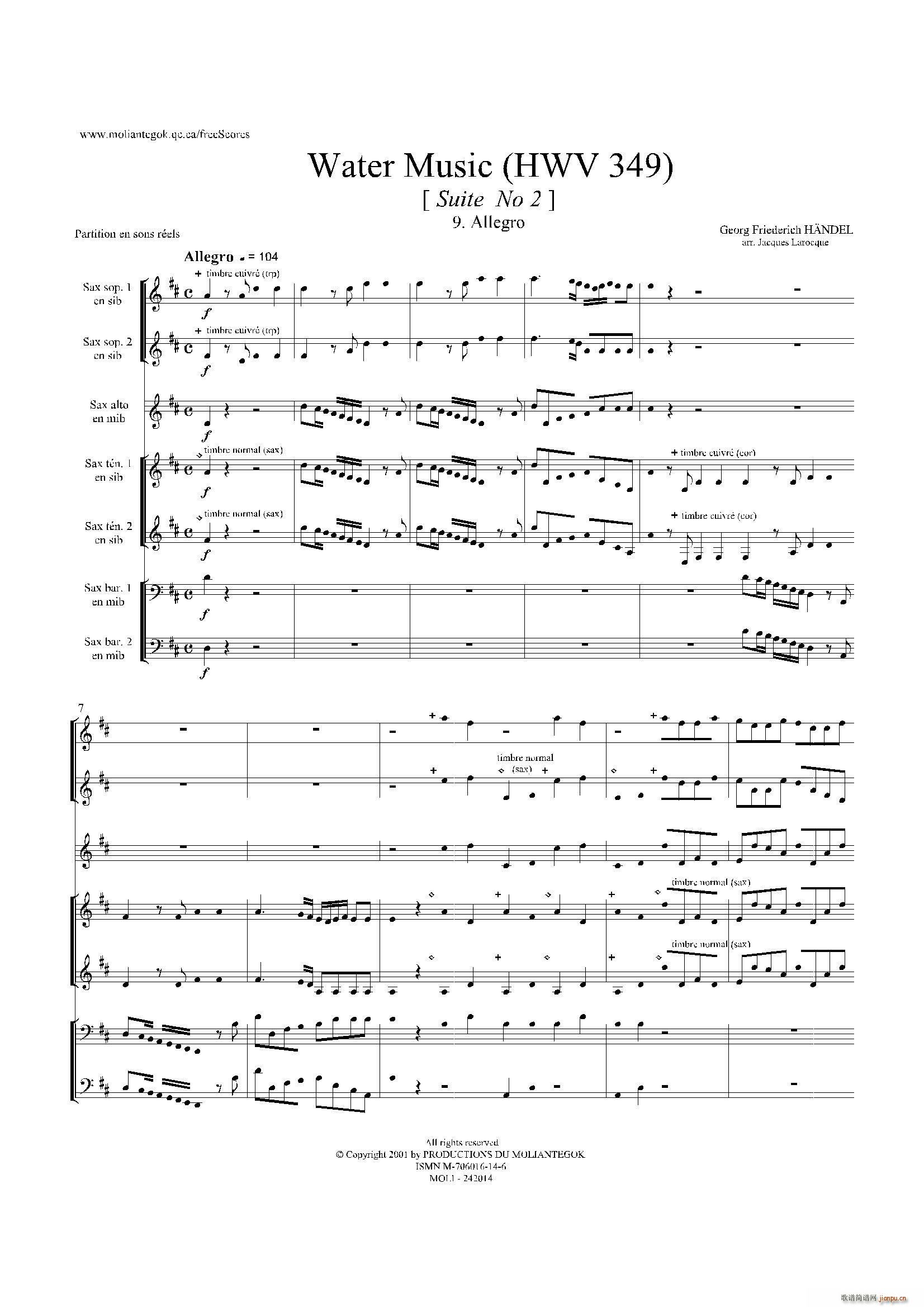 Water Music HWV 349 No 2 萨克斯合奏(总谱)1