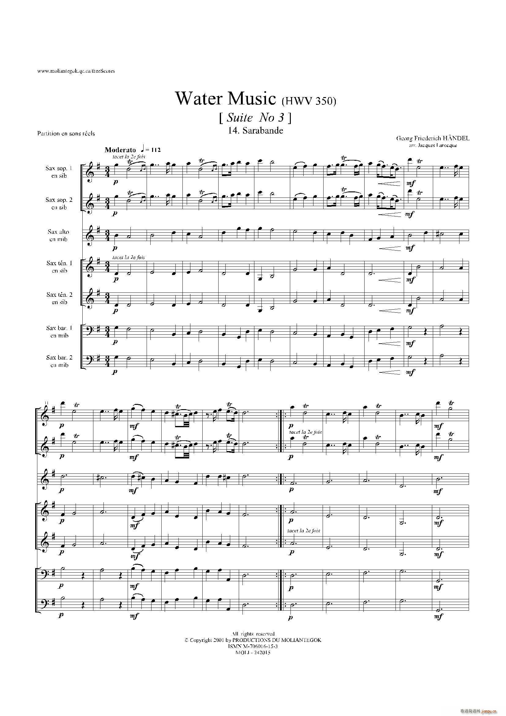 Water Music HWV 350 No 3 萨克斯合奏(总谱)1