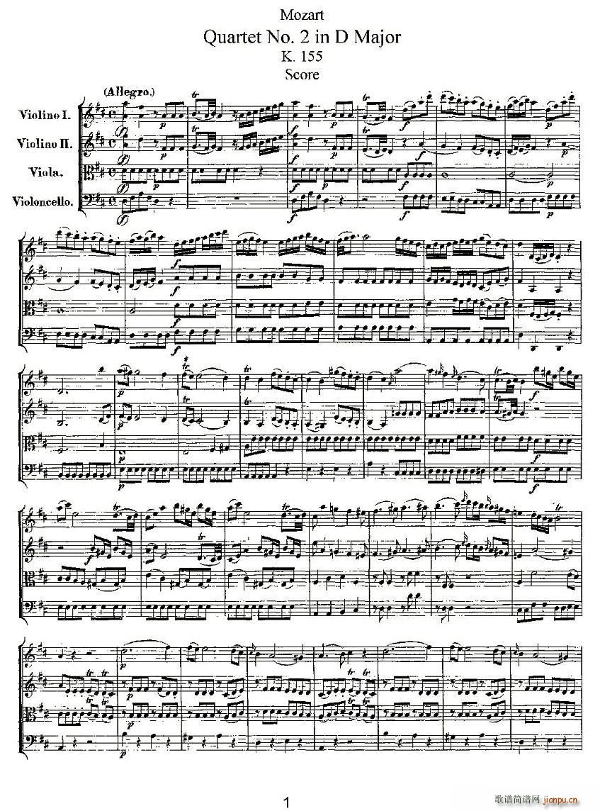 Quartet No 2 in D Major K 155 D大调第二弦乐四重奏(总谱)1