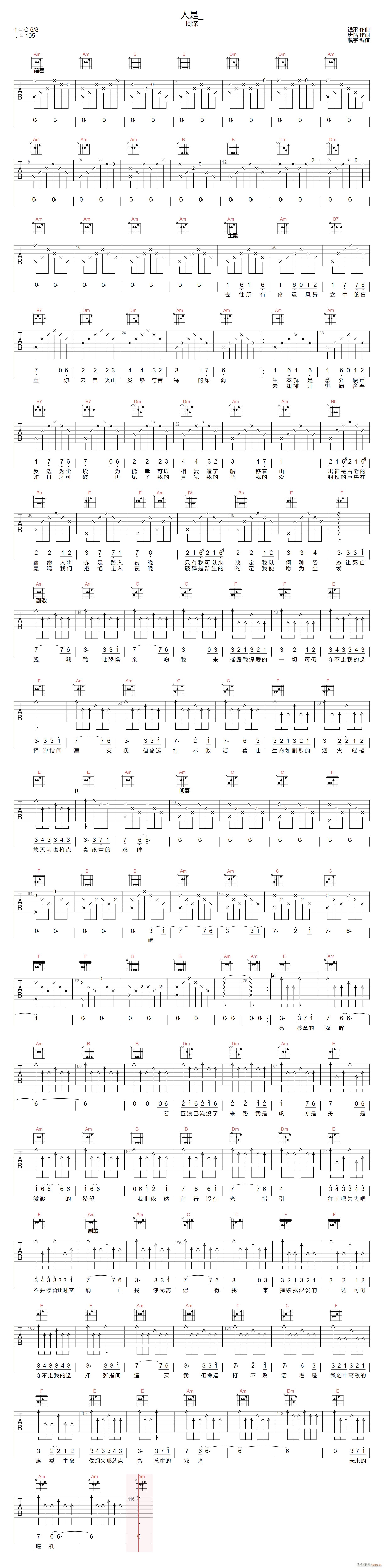 人是 C调指法原版编配(吉他谱)1