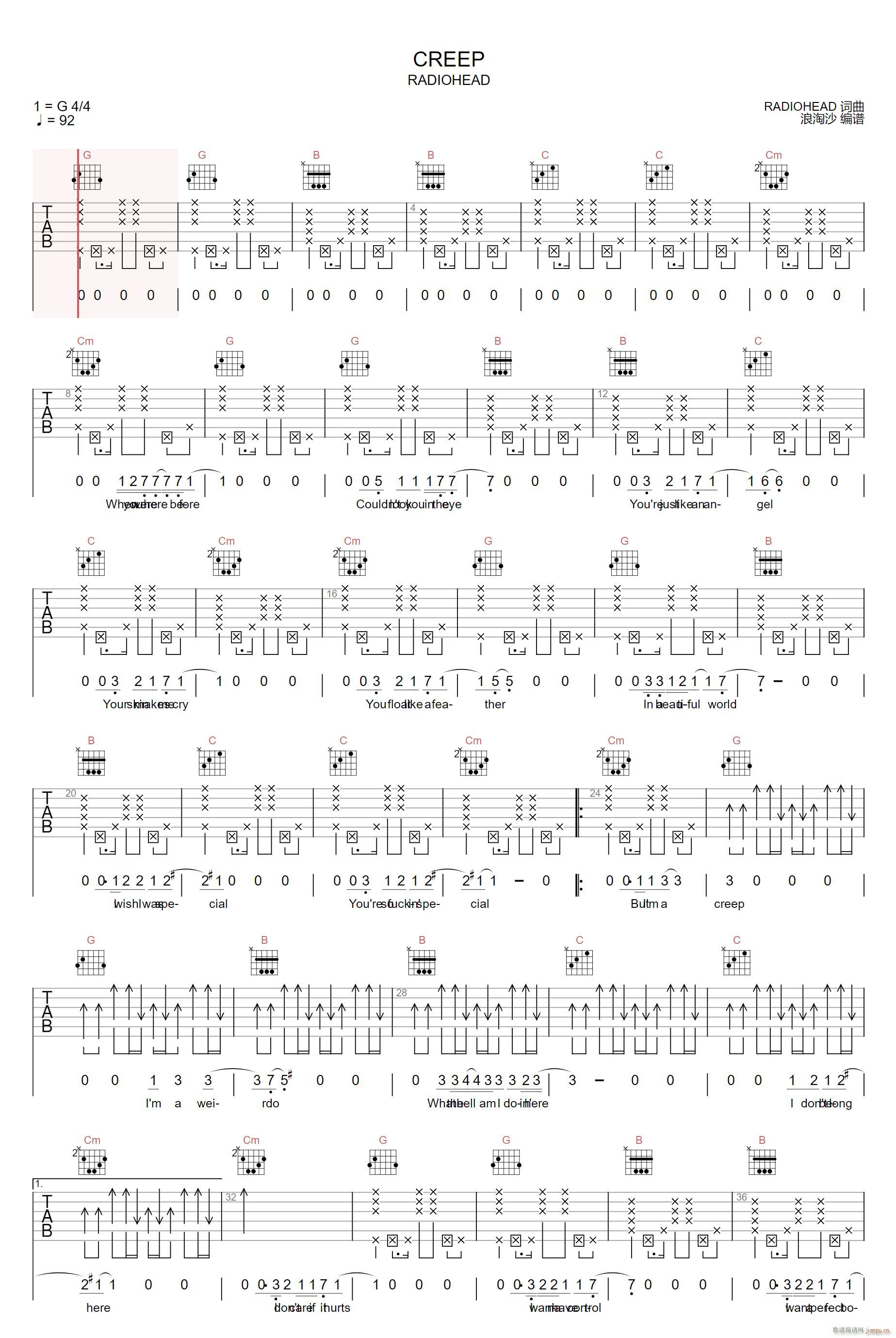 Creep G调指法拍弦版(吉他谱)1