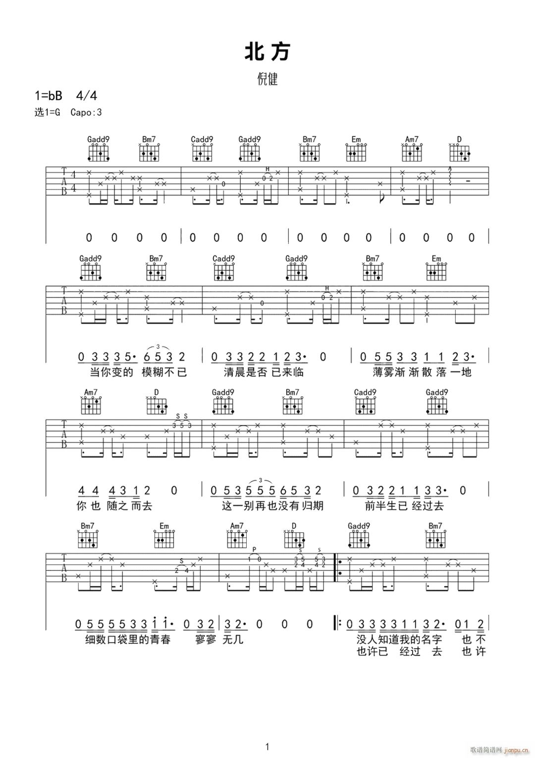 北方 G调指法原版编配(吉他谱)1