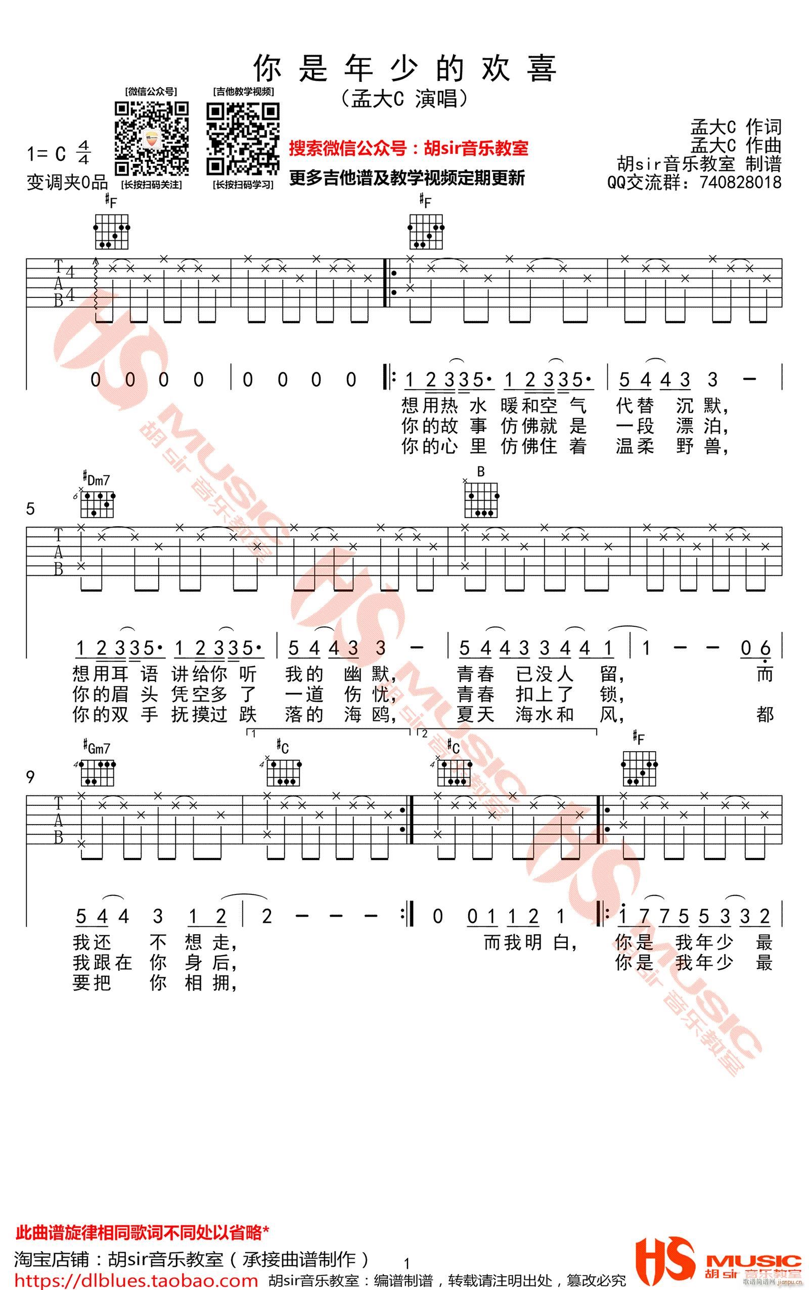 你是年少的欢喜 C调指法(吉他谱)1