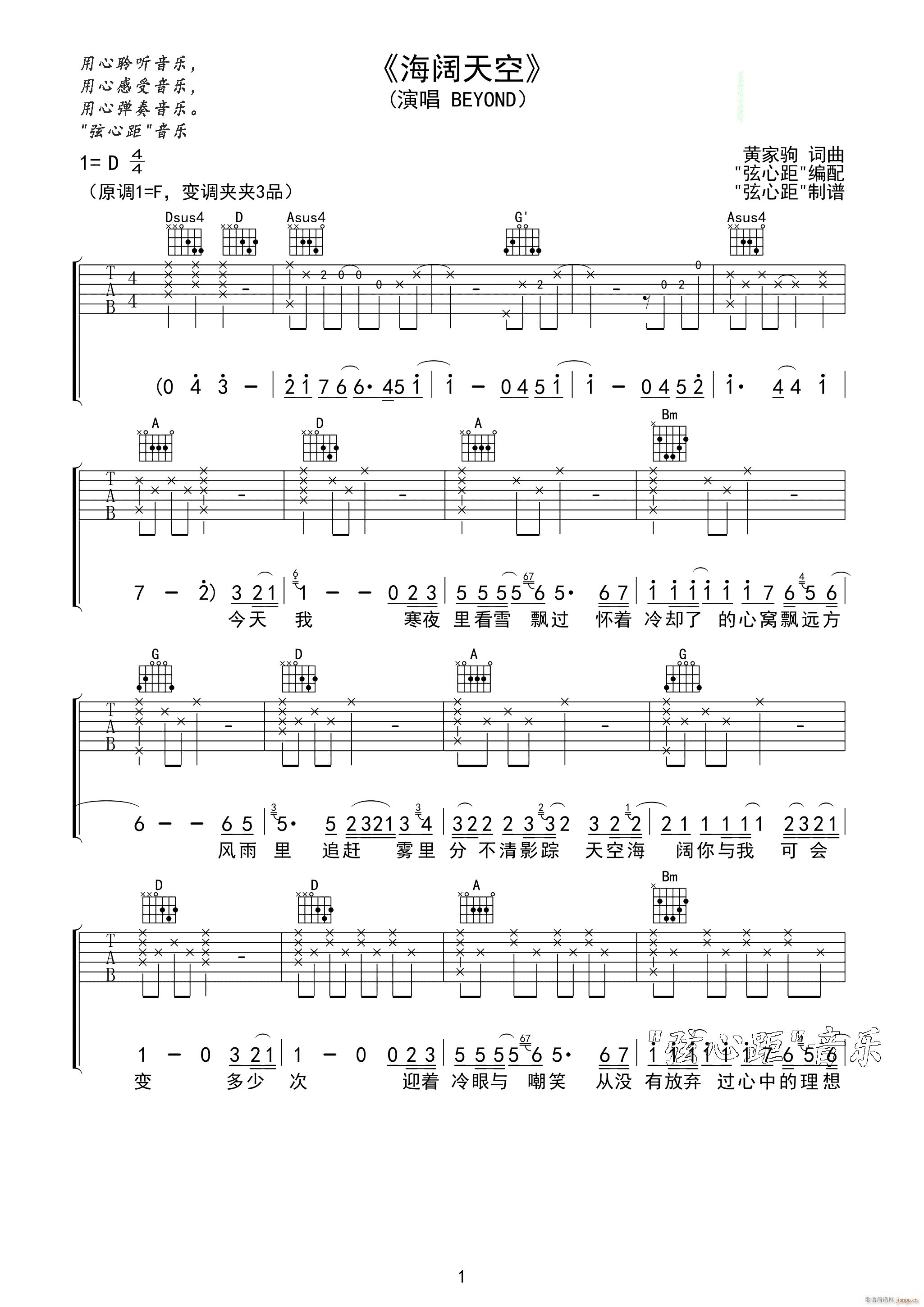 海阔天空 D调原版编配(吉他谱)1