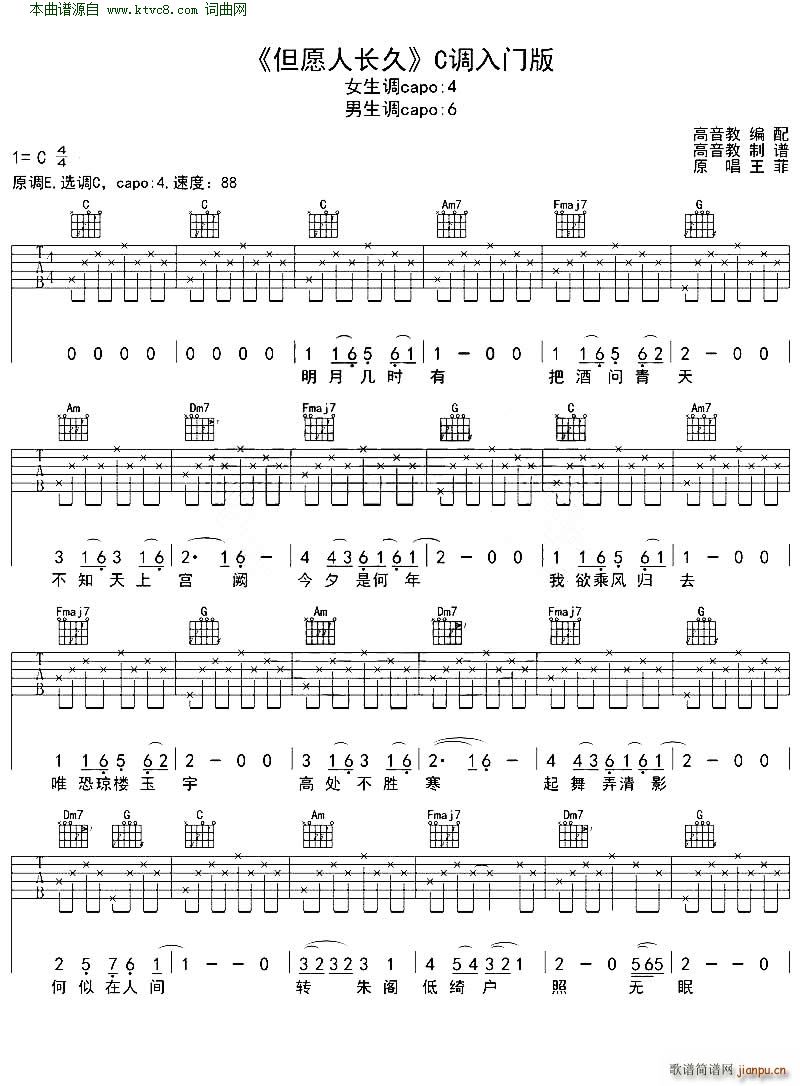但愿人长久 C调入门版 高音教(吉他谱)1
