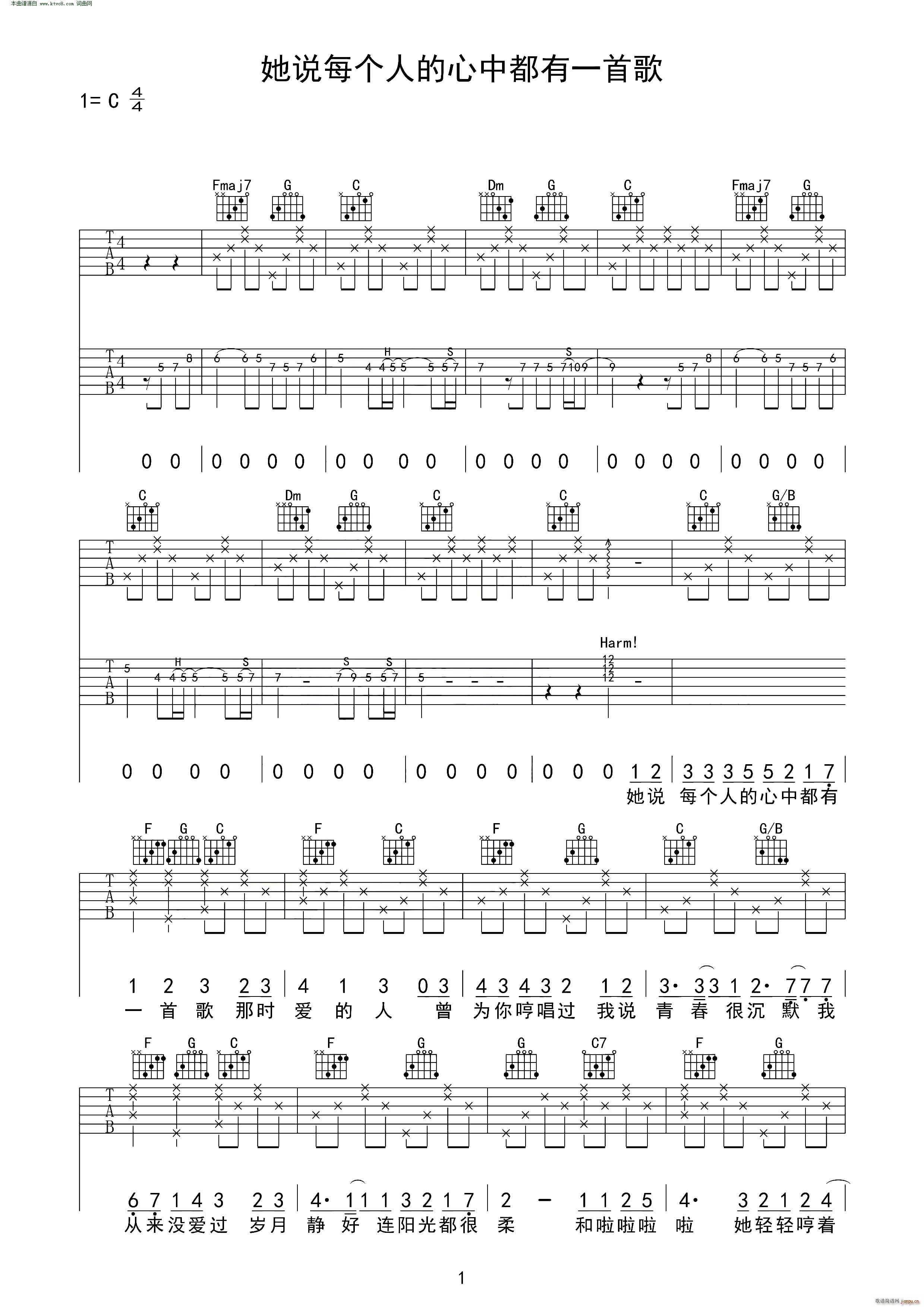 她说每个人的心中都有一首歌 吉他(吉他谱)1