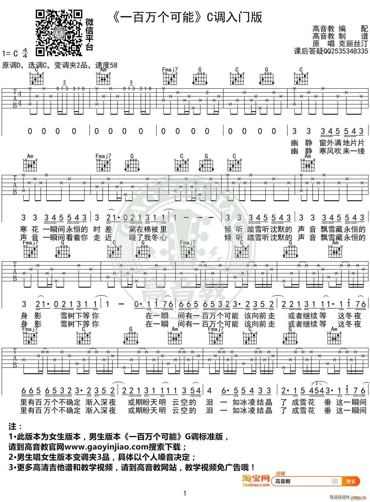 一百万个可能 C调入门高清版 高音教编配(吉他谱)1
