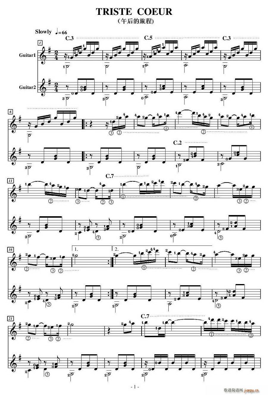 TRISTE COEUR(吉他谱)1