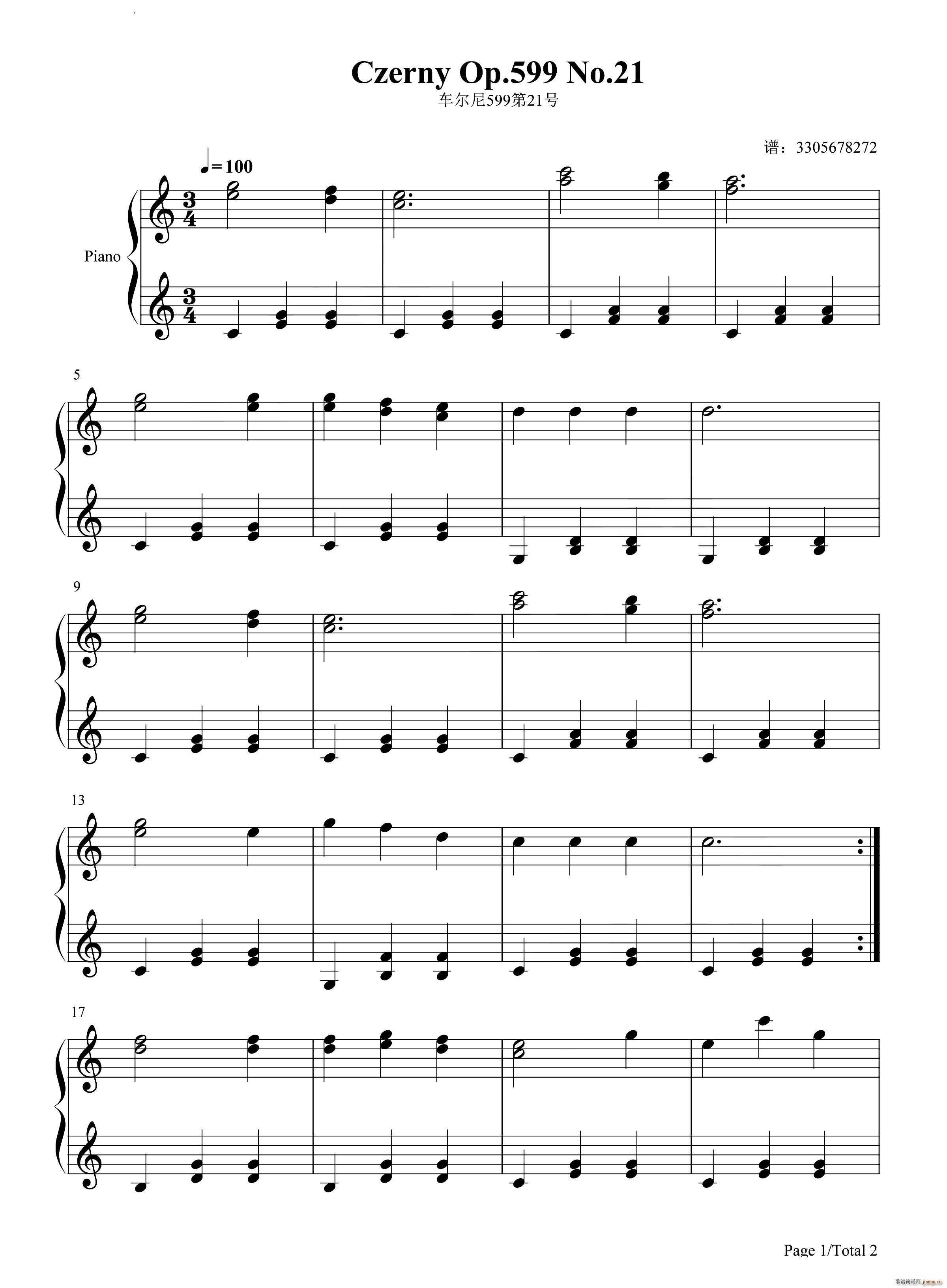 车尔尼练习曲作品599 021(钢琴谱)1
